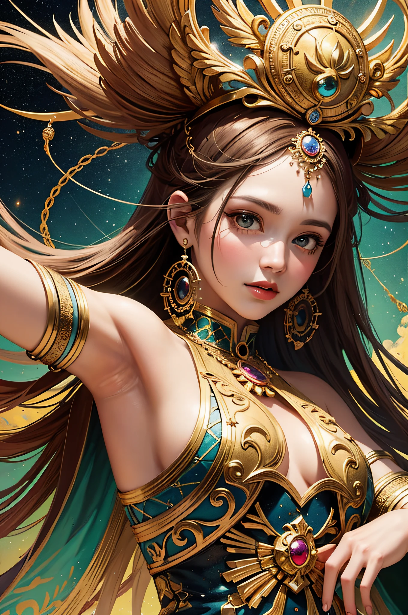 (masterpiece, top quality, best quality, official art, beautiful and aesthetic:1.2), (1girl), extreme detailed,colorful,highest detailed, official art, unity 8k wallpaper, ultra detailed, beautiful and aesthetic, beautiful, masterpiece, best quality, (zentangle, mandala, tangle, entangle) ,holy light,gold foil,gold leaf art,glitter drawing, PerfectNwsjMajic