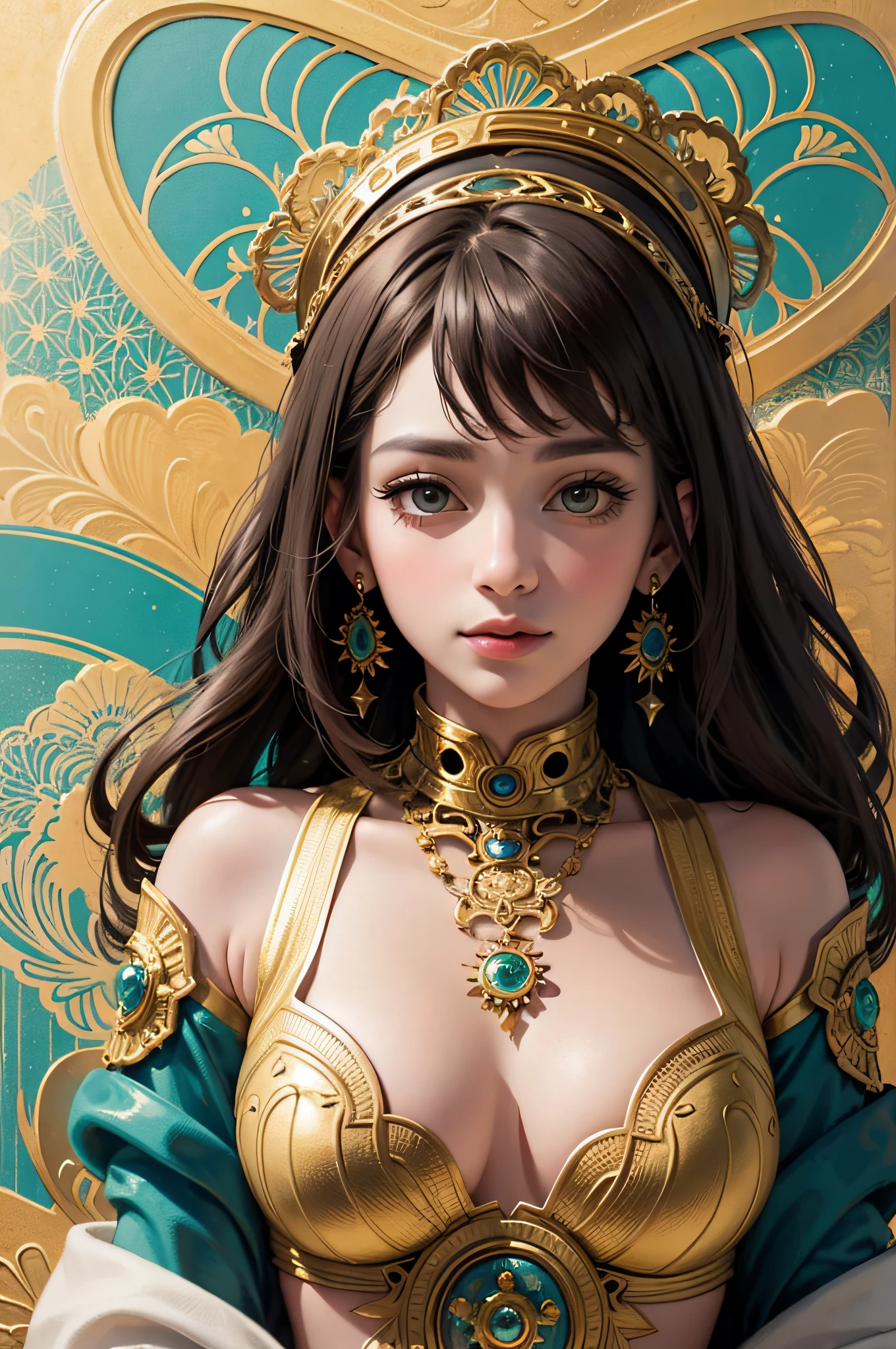(masterpiece, top quality, best quality, official art, beautiful and aesthetic:1.2), (1girl), extreme detailed,colorful,highest detailed, official art, unity 8k wallpaper, ultra detailed, beautiful and aesthetic, beautiful, masterpiece, best quality, (zentangle, mandala, tangle, entangle) ,holy light,gold foil,gold leaf art,glitter drawing, PerfectNwsjMajic