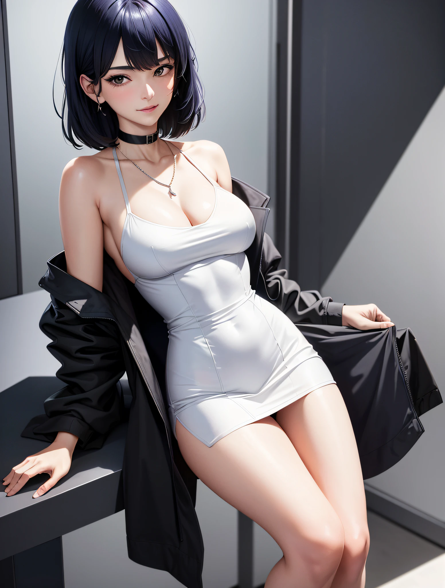 masterpiece, hot shot, ((best quality)), absurdres, perfect antomy, Tae Takemi, (Small smile), necklace, choker, dress, (Big breasts:1.3), braless, defined abdomen, labcoat, standing, doctor office background, sexy pose