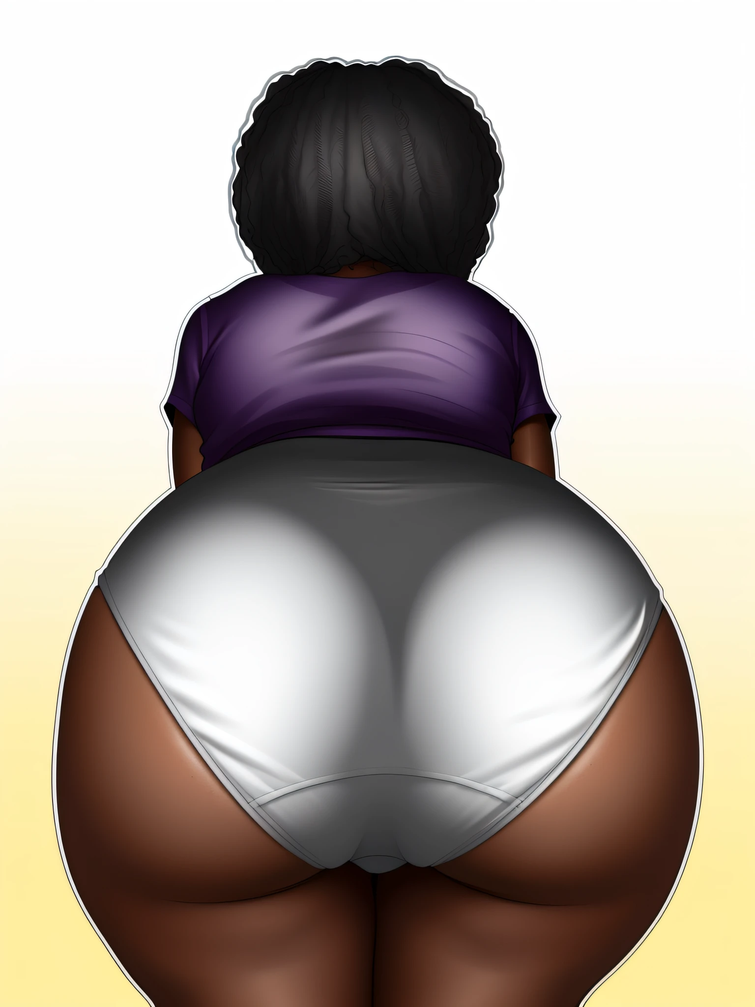 Black woman in purple shirt and big white cotton panties, realistic art style, detailed wrinkles