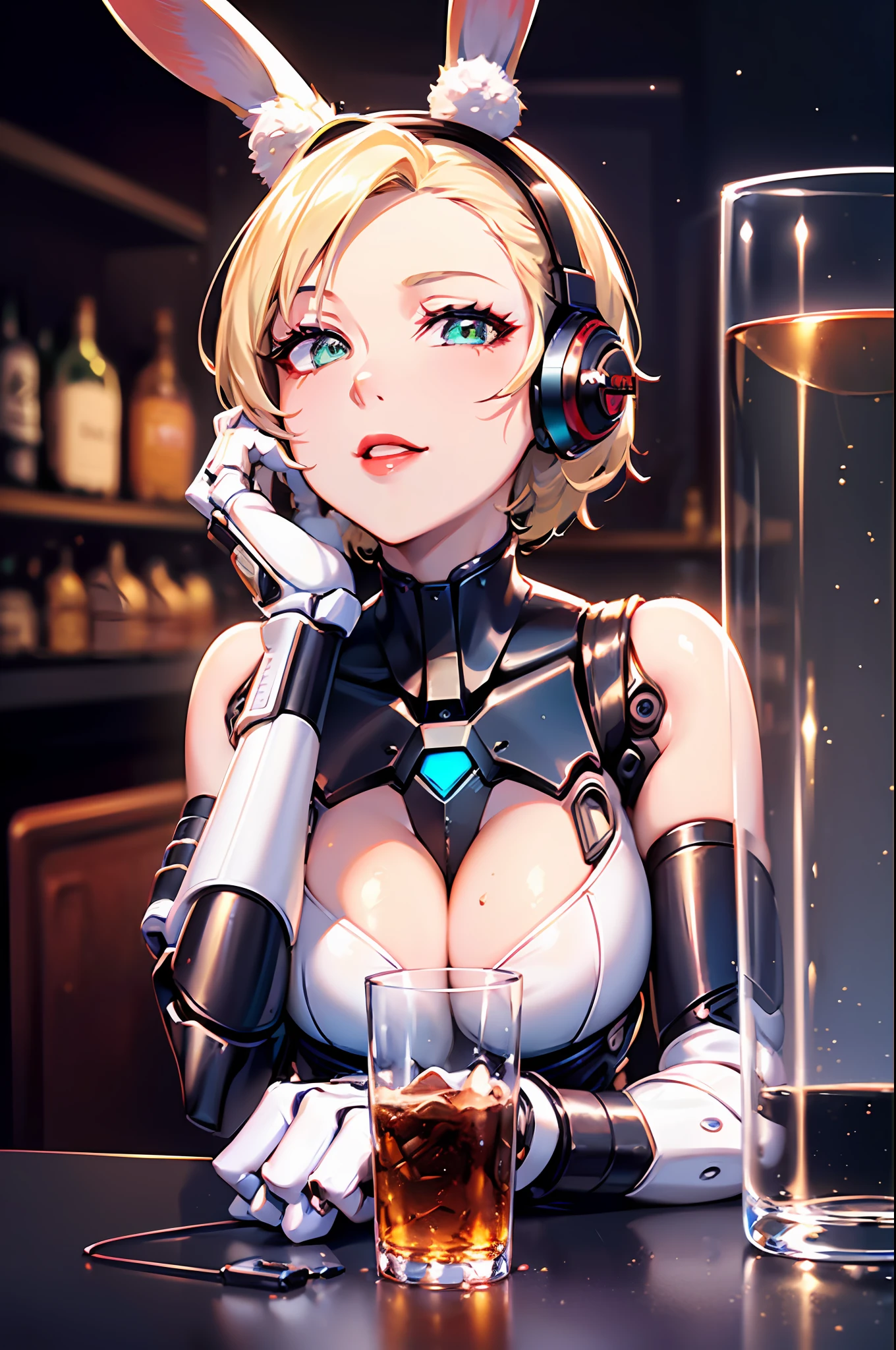 Top quality, masterpiece, fine detail, super detailed, accurate depiction, highly detailed 8k wallpaper, beautiful mechanical girl, solo, green eyes, smile, (close one eye: 1.5), (sexy mechanical girl: 1.3), five perfect fingers, (white exoskeleton suit: 1.1), (mechanical joints, echanical arms, mechanical legs: 1.4), (exposed shoulders, exposed armpits, exposed thighs), (red lips), (thin waist, huge breasts, wide hips), rabbit ears, rabbit tail, headphone, short blonde hair, cyberpunk, (bar), counter, wine, whiskey, bourbon, from side, looking back, put index finger on mouth,