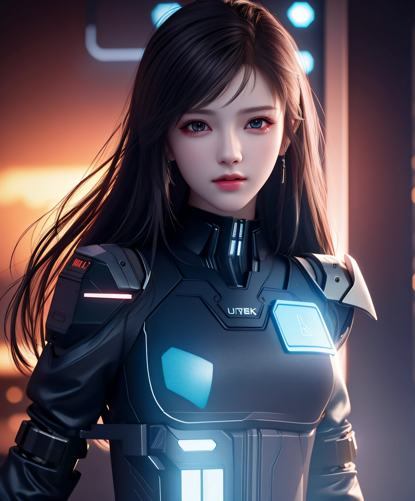 Best Quality, Masterpiece, High Resolution, 1girl, Front, Pretty Face, Tech, Cyberpunk, Realistic, Edge Lighting, Two-Color Lighting, (High Detail Skin: 1.2), 8K UHD, DSLR, Soft Light, High Quality, Volumetric Light, Photo, High Resolution, 4K, 8K, Background Blur,