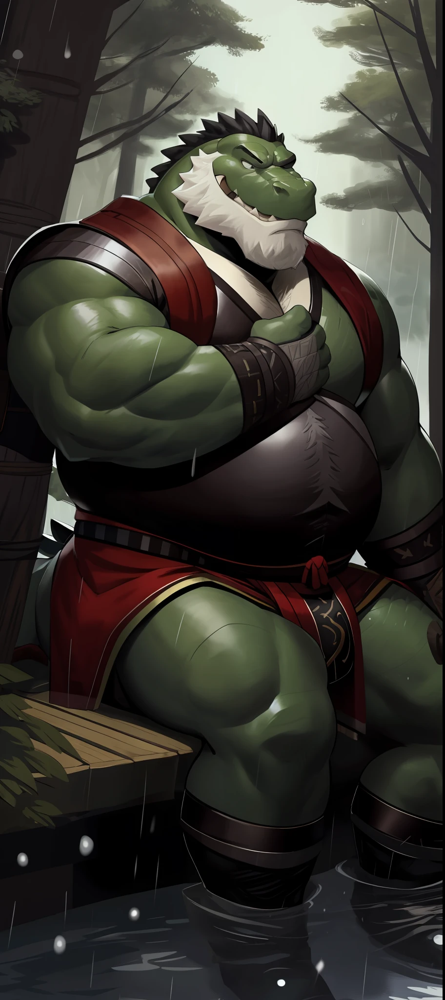 Wallpaper 8K, anthro, male, old chubby Alligator, detailed eyes, detailed clothing, fat, big fat. overweight, Beard, white beard, white mustache, Samurai clothes, sad, forest background raining, sitting on a rook