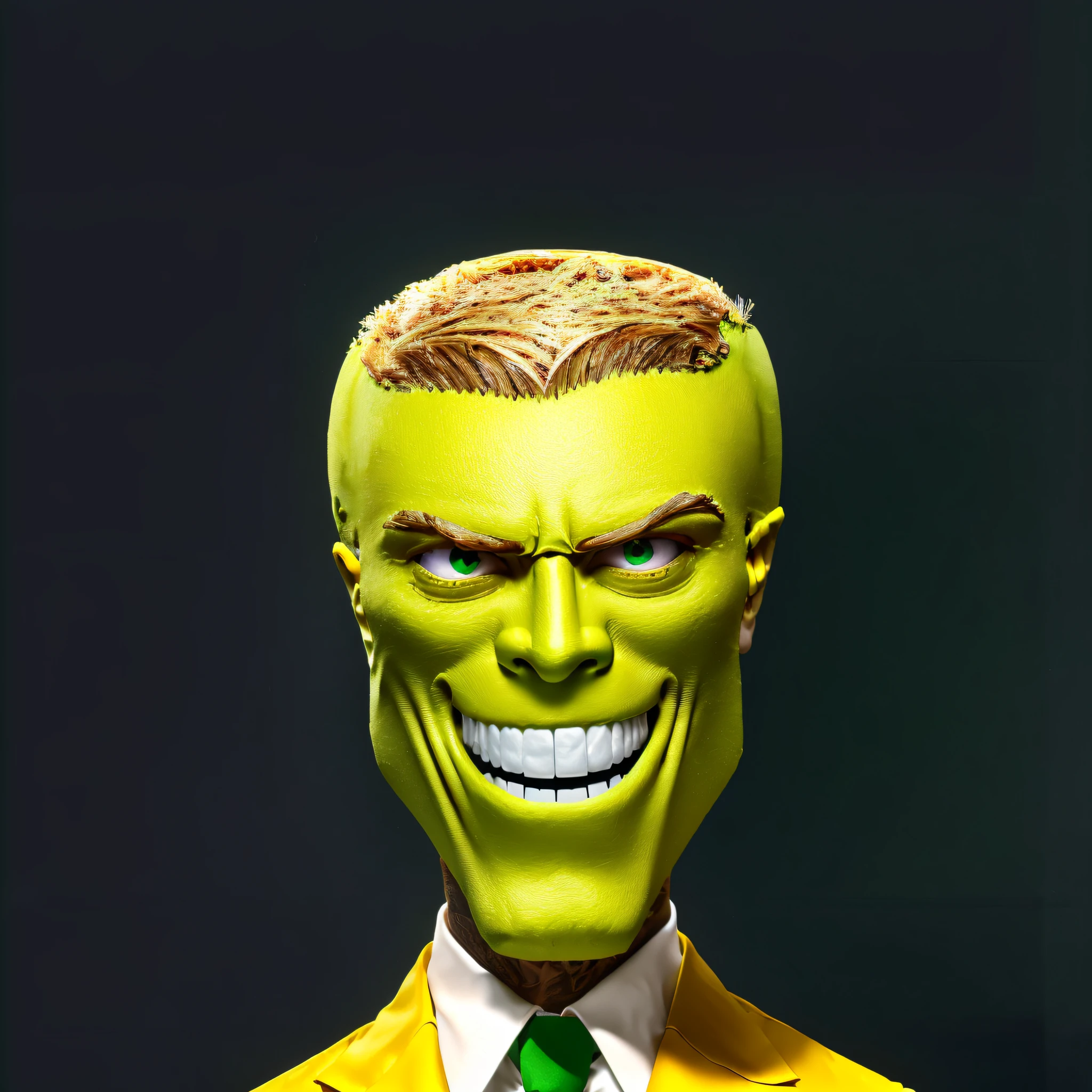 Mcfafa with (green face:1.5) no ears, in a yellow suit and tie, with an eagle on his shoulder, with a big smile, very detailed teeth, bright whites, reflecting light, maximum detail. green head, green face, nefarious smile, portrait The Másk movie 1 9 9 4 , iconic character of tall Mcfafa with (green face) without ears, in a yellow suit and tie, gold necklaces, gold cord, large, with a big smile, very white teeth reflecting the light, maximum detail. A favela of Rio de Janeiro background, Head Photo, HD, Cinematic, Dynamic Lighting, (bokeh), ((beautiful)), lens reflection, (cinema effect), gradient color progression, cinematic film grain, (subsurface scattering) ,((detailed face and eyes)), (detailed iris:1.5) , green face, nefarious smile, portrait The Másk movie 1 9 9 4 , iconic character of high detail,