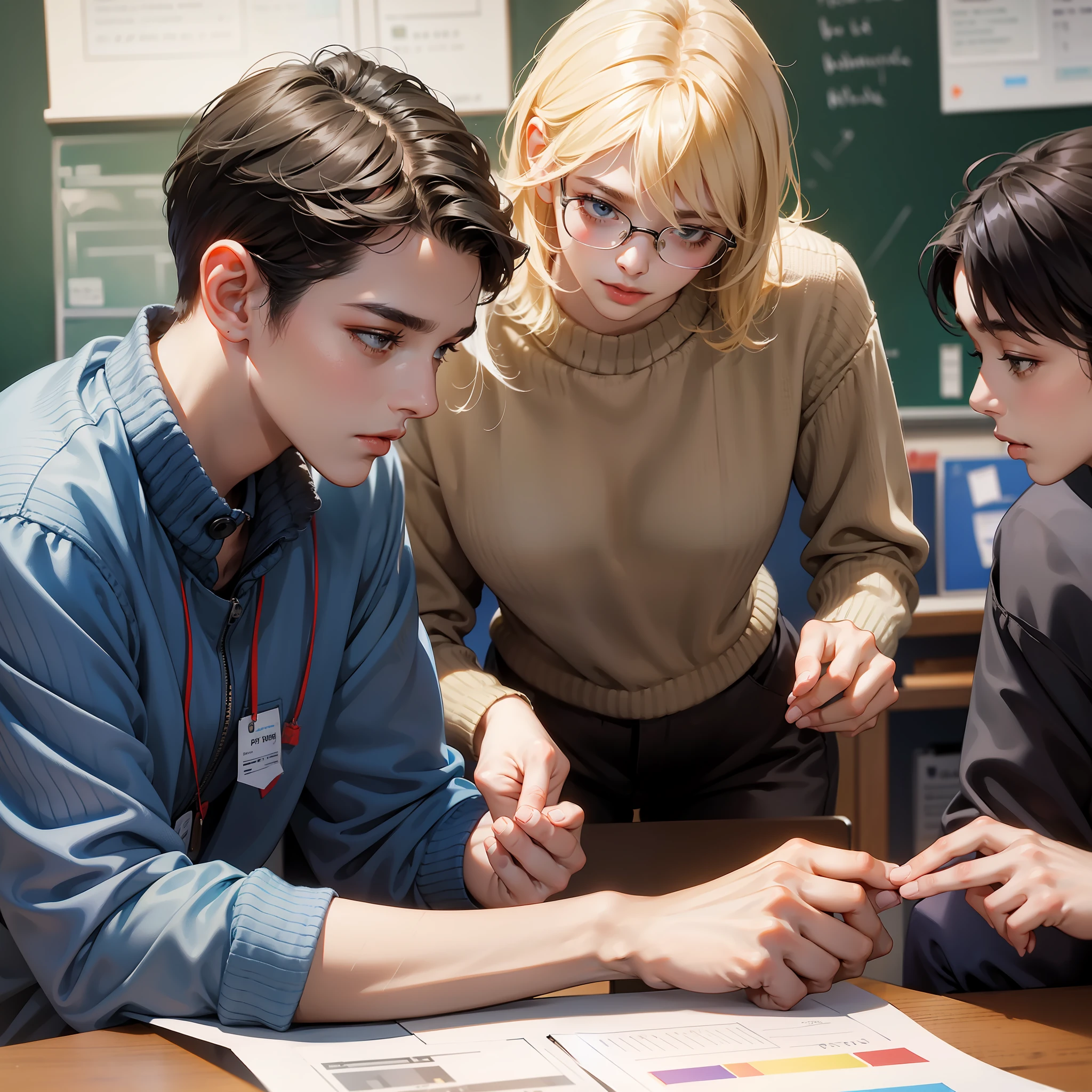 man a woman, teachers,black hair man with short hair and blond woman ,teaching a class to 9 year olds,kids, masterpiece