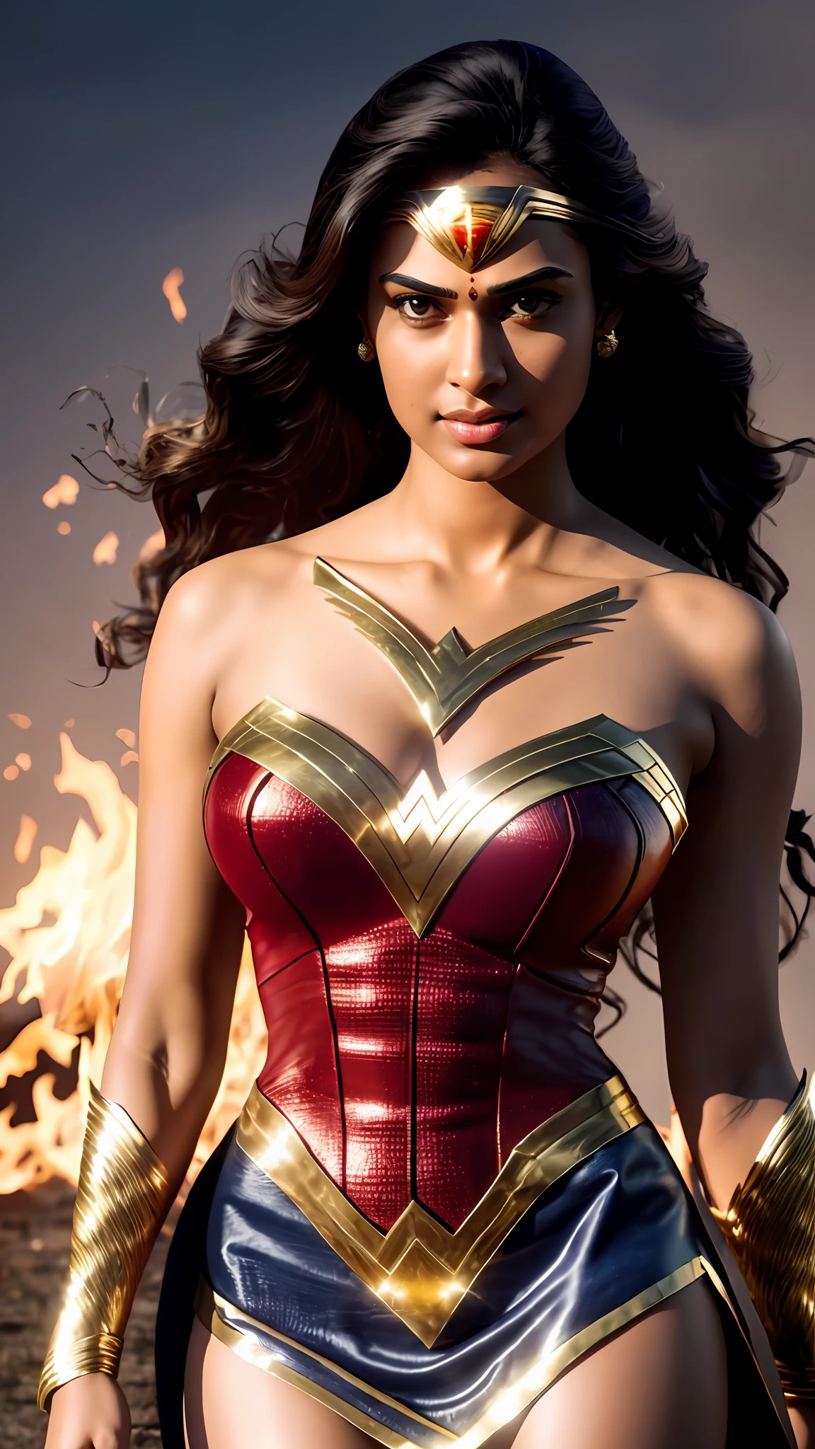 8k, Realistic, (masterpiece), best quality, ultra-detailed, detail face detailed skin tone,  high-resolution, (indian girl),(wonderwomen costume dress)+(big breasts:1.1), half-body, beautiful face,(glowing skin🔥:1.2+extremely detailed skin)+[ warm lighting and vibrant colors🌟:0.9 ], dynamic pose,bright eyes,