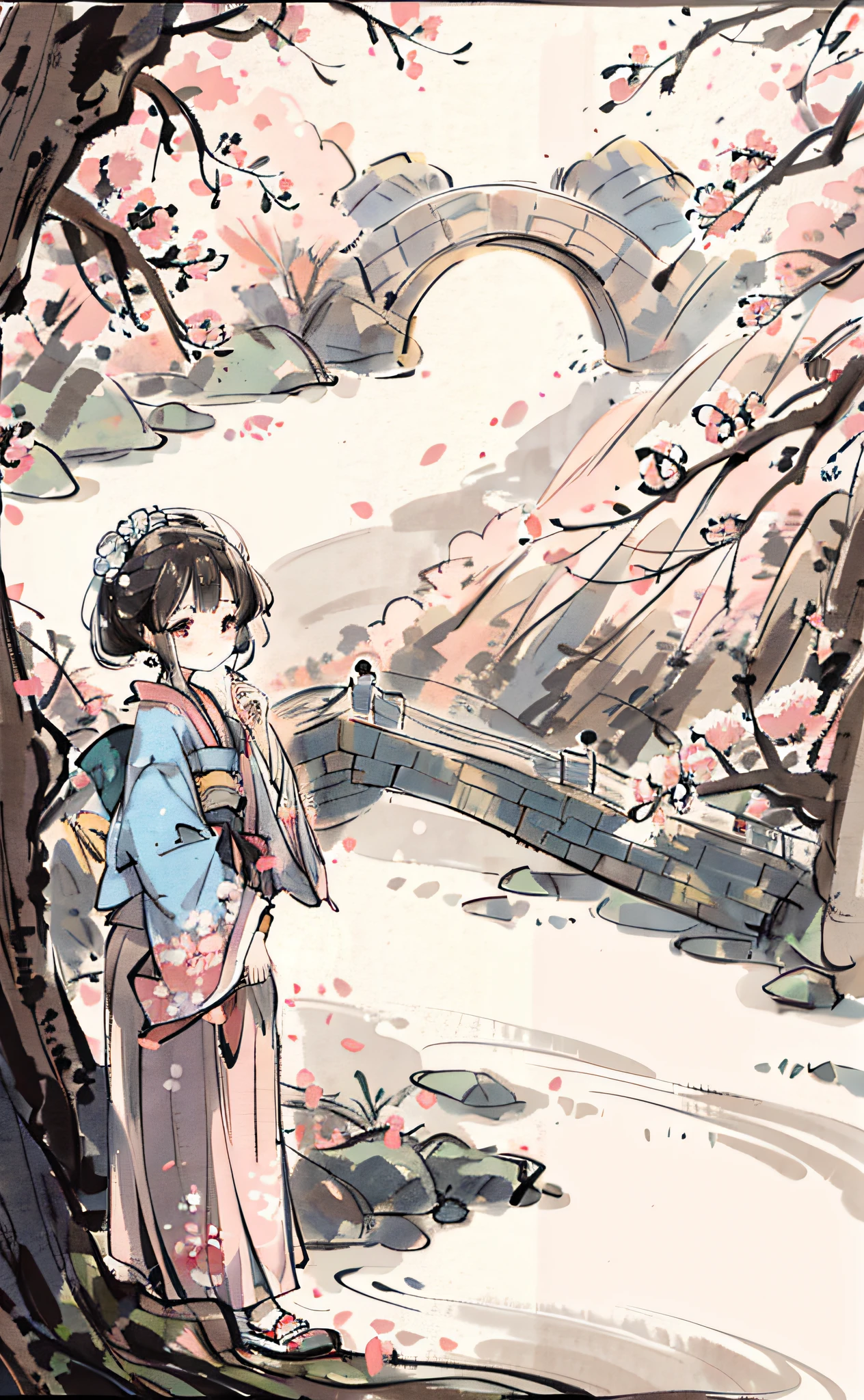 1 , peach blossoms all over the mountains, stone arch bridge, a small river, thatched huts, fine faces