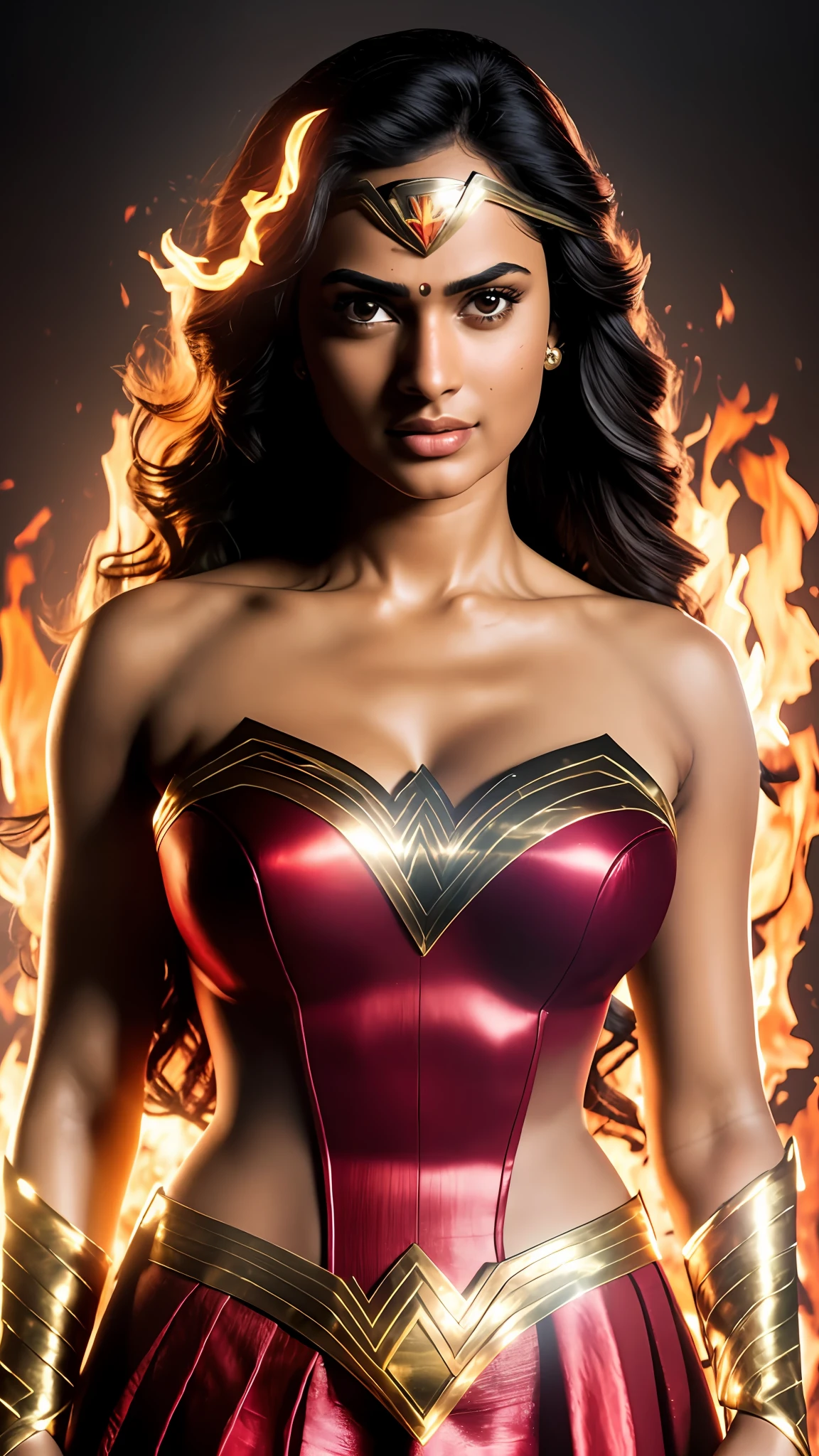 8k, Realistic, (masterpiece), best quality, ultra-detailed, detail face detailed skin tone,  high-resolution, (indian girl),(wonderwomen costume dress)+(big breasts:1.1), half-body, beautiful face,(glowing skin🔥:1.2+extremely detailed skin)+[ warm lighting and vibrant colors🌟:0.9 ], dynamic pose,bright eyes,