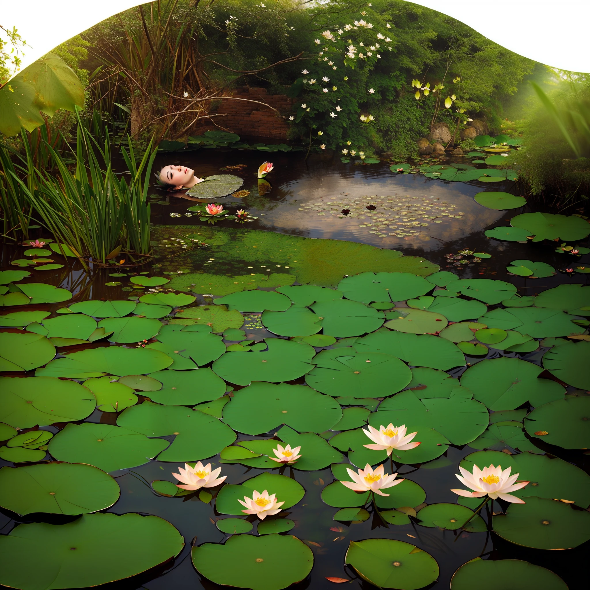 A masterpiece, exquisite. In the depths of the lotus pond, there are a few lotus leaves in the pond. The texture of the lotus leaf is clear, at night, 1 frog on the lotus leaf, lotus flower, Chinese arch bridge