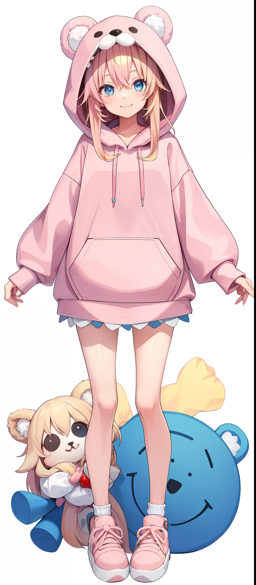 vtubermodel of 1girl , long blonde hair, blue eyes , fluffy bear ears , hood up,(light pink hoodie:1.3), white miniskirt, strawberry pattern, sneakers, clogs, high quality , extra detailed , rendered, (white background:1.3), full body, smiling