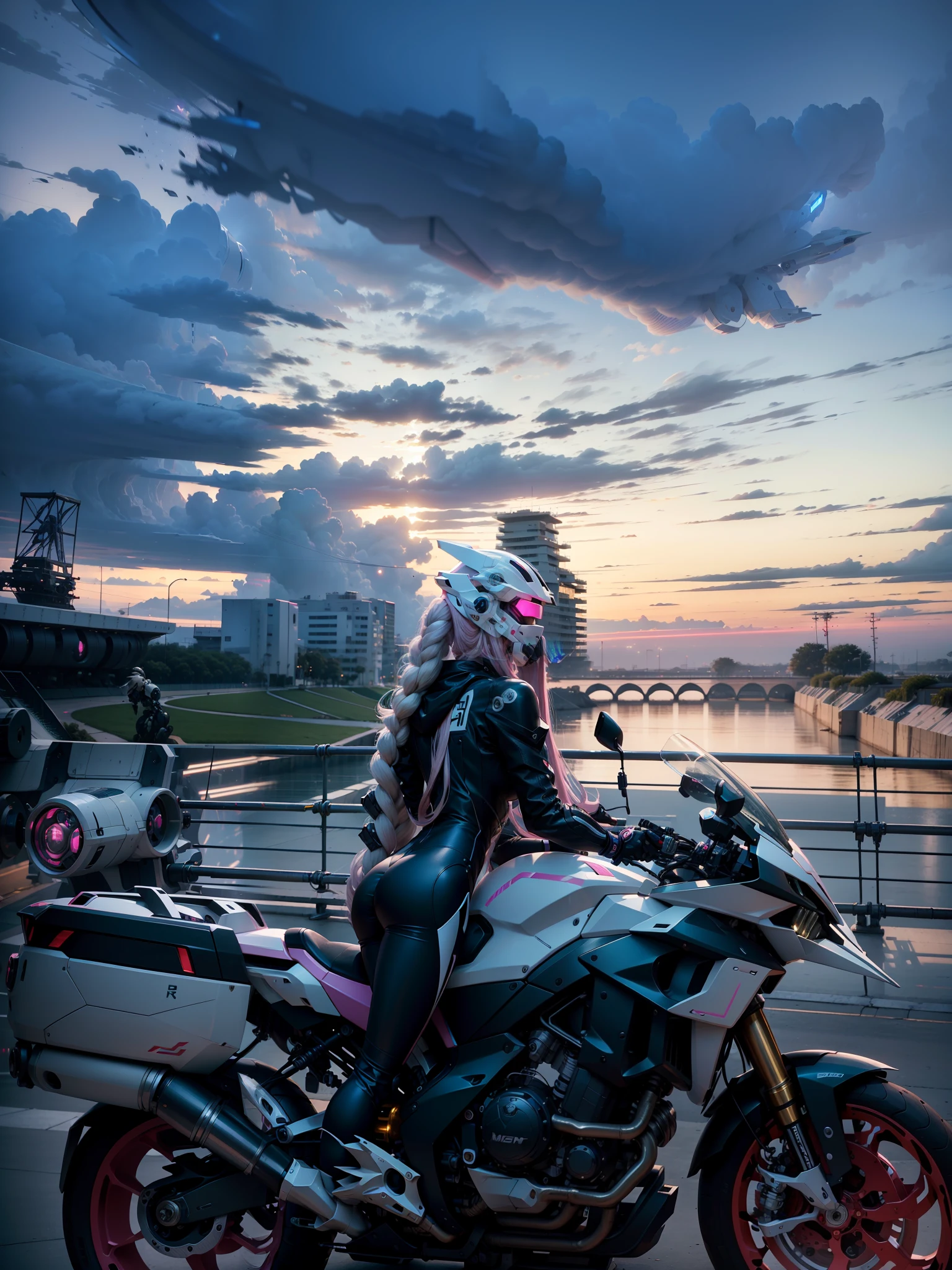 Sexy full body white mecha pink long hair Cyber Sailor and Cyber Mechanical Motorcycle, pink long hair, high-tech white full surround helmet, long blonde hair, Nousr, biomechanics, MSHN robot man, high-tech helmet, surreal, steel, intricate design, crazy details, fine details, extremely clear lines, cinematic lighting, photo realistic, detailed masterpiece