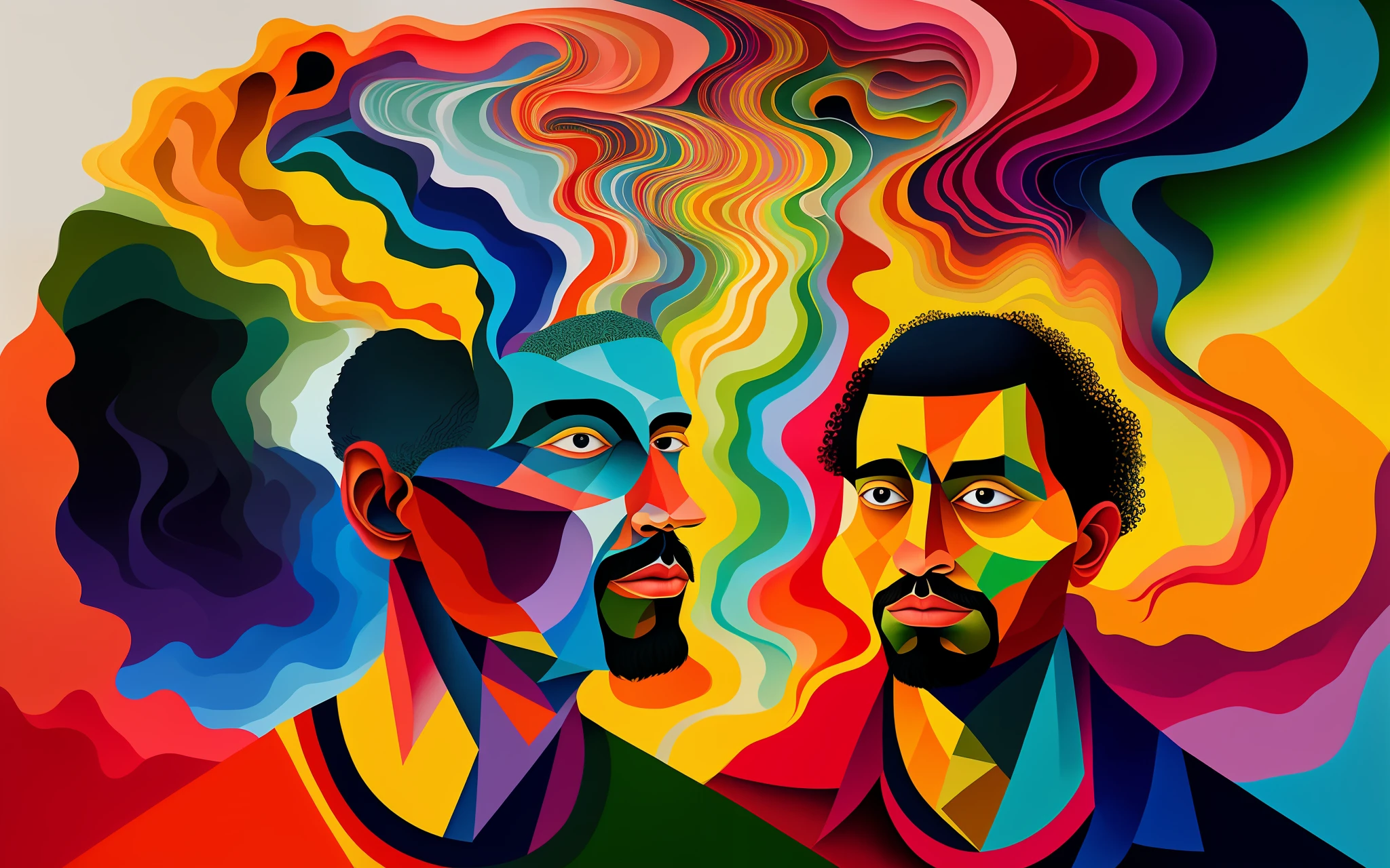 surreal gouache portrait painting of a man opening the fabric of creation, vivid colors