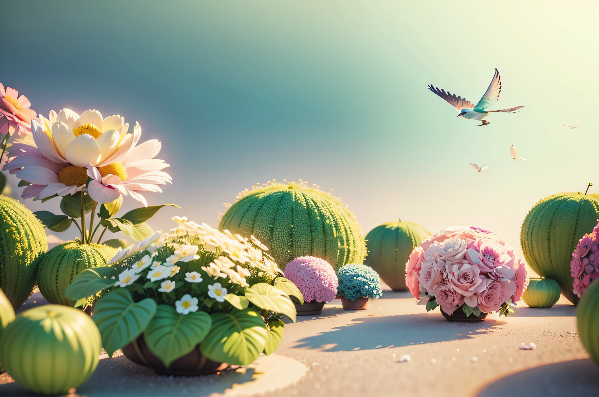 Light background, 3D, pastel color 3D, huge flowers, trees, concentrated on the right side, a bird flying by on the left, pastel color, pastel color, pastel tone