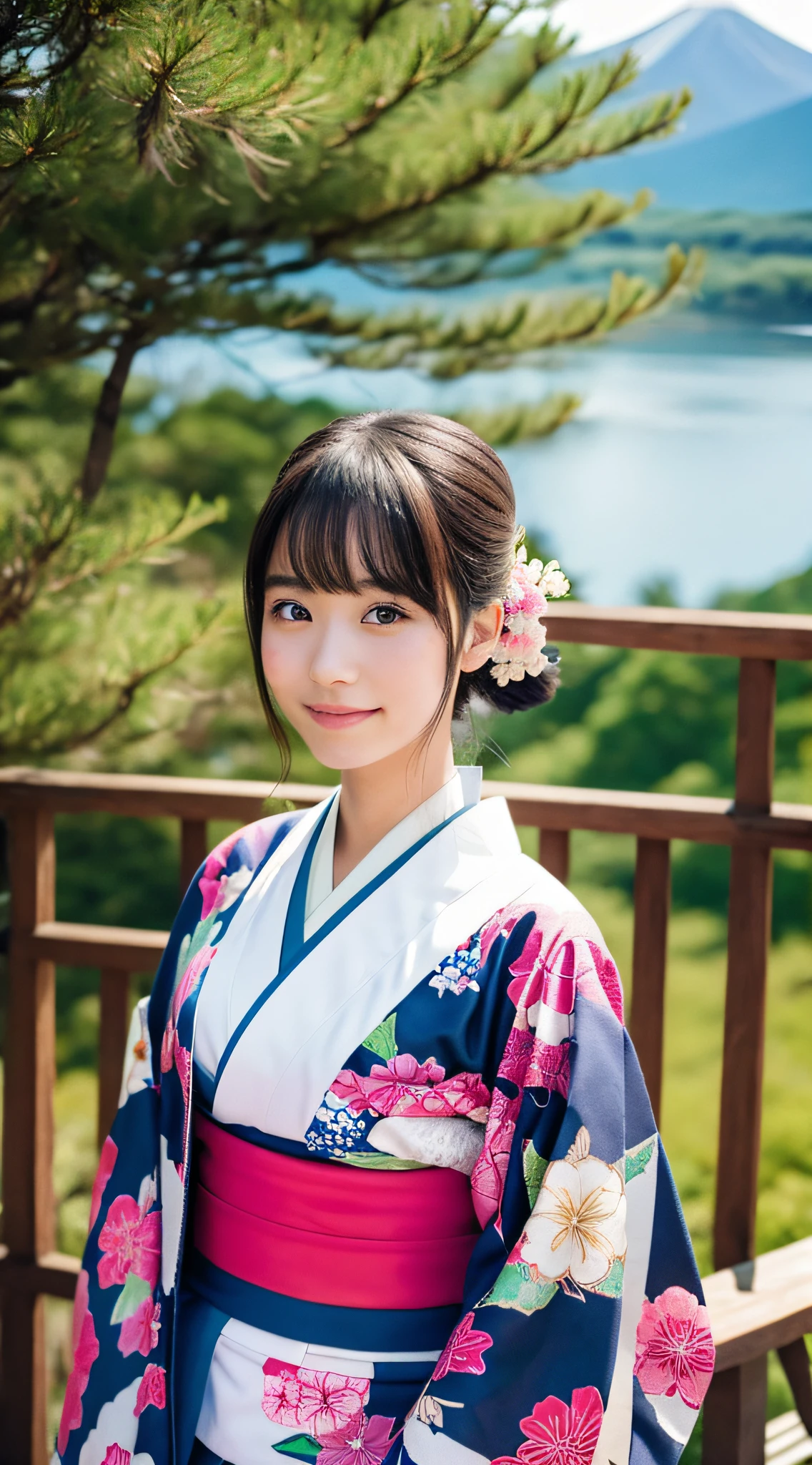 (a girl, half frame), (wearing kimono), (background, Fuji mountain)