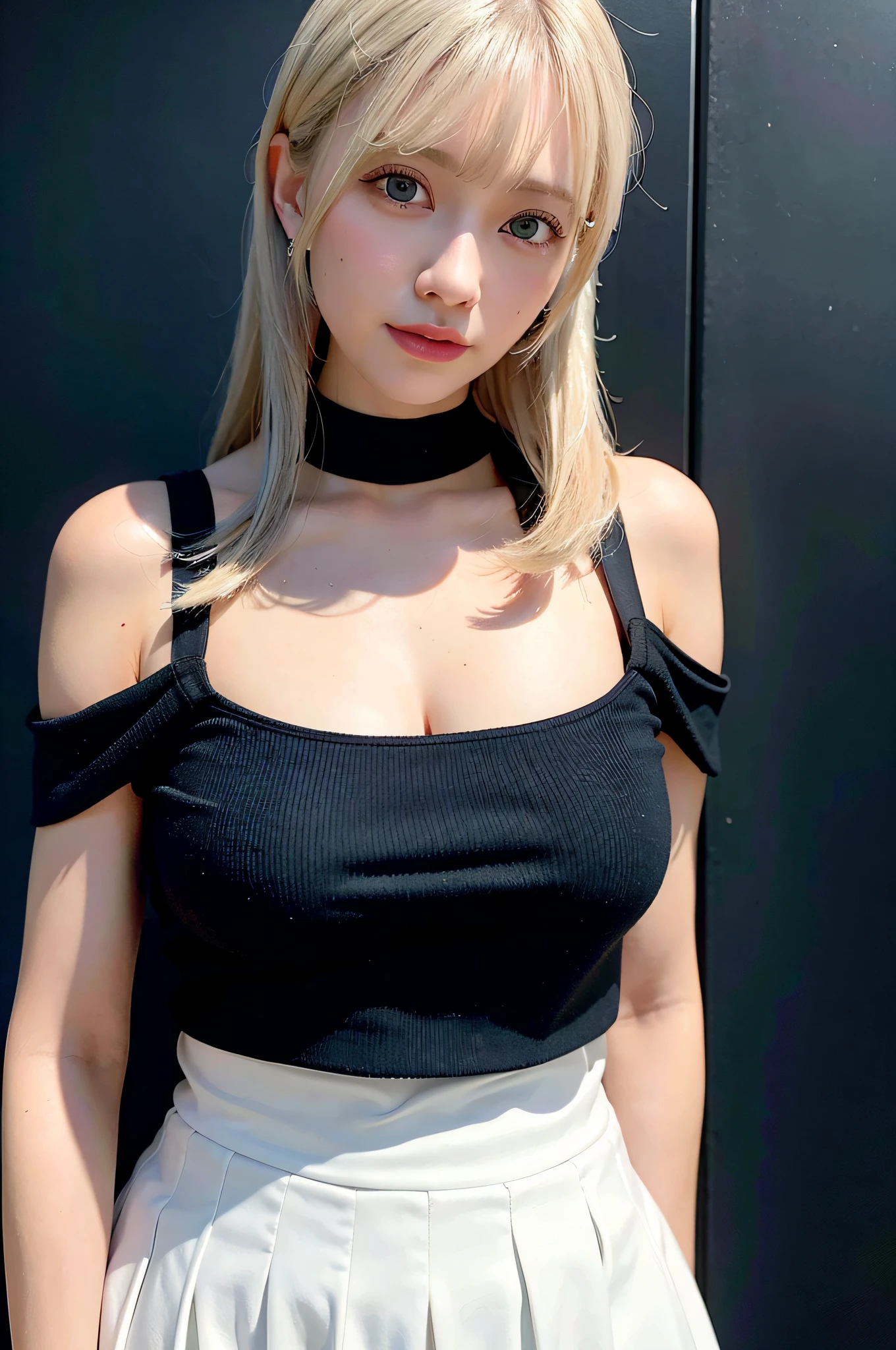 best quality, ultra high res, (photorealistic:1.4), 1girl, off-shoulder white shirt, black tight skirt, black choker, (faded ash gray hair:1), (huge breasts:1.2), looking at viewer, closeup ,