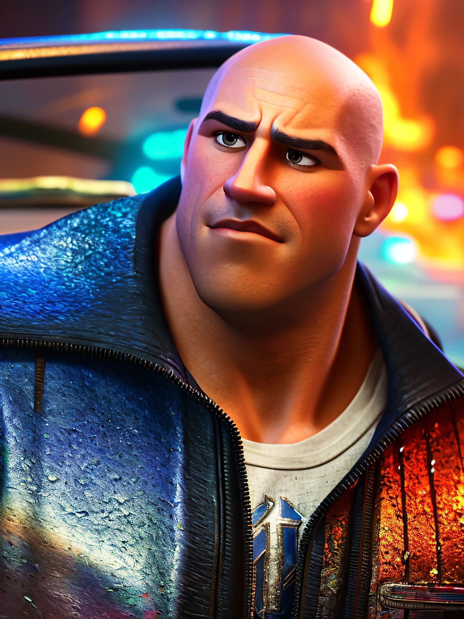 Pixarstyle a portrait n toretto fast and furious, natural skin texture, textures 4k, HDR, intricate, highly detailed, sharp focus, cinematic visual, hyper-detailed