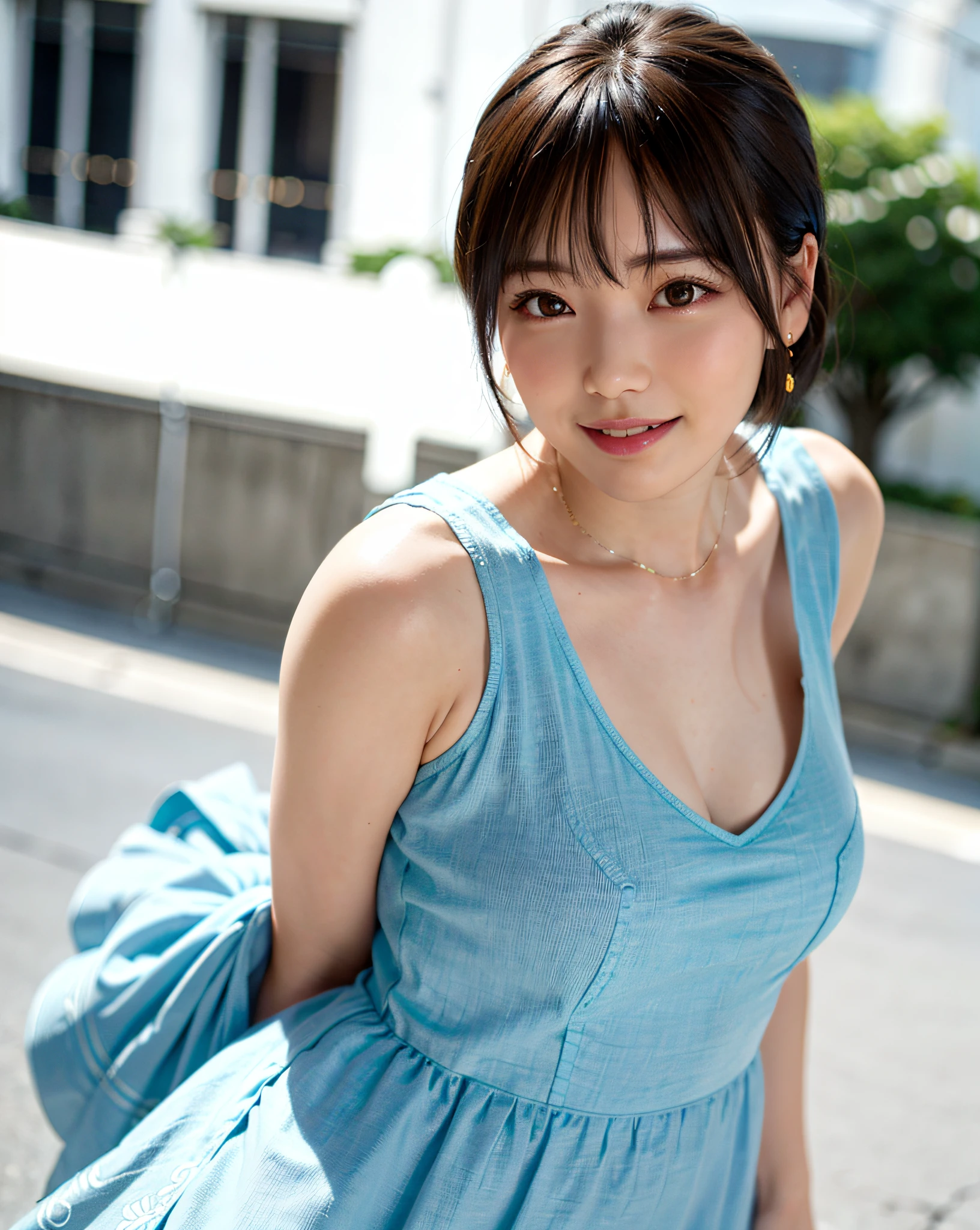 a woman posing on the street corner with light blue dress on, best quality, 1girl, large breasts, day, bright, blur background, bokeh, outdoor, (street:0.8), (people, crowds:1), (lace-trimmed dress:1.5, sleeveless dress, light blue clothes, light blue high-neck dress:1.2, blue dress: 1.5), gorgeous, (short hair, forehead:1.2), beautiful detailed sky, earrings, (dynamic pose:1.2), (upper body:0.8), soft lighting, wind, shiny skin, smile,