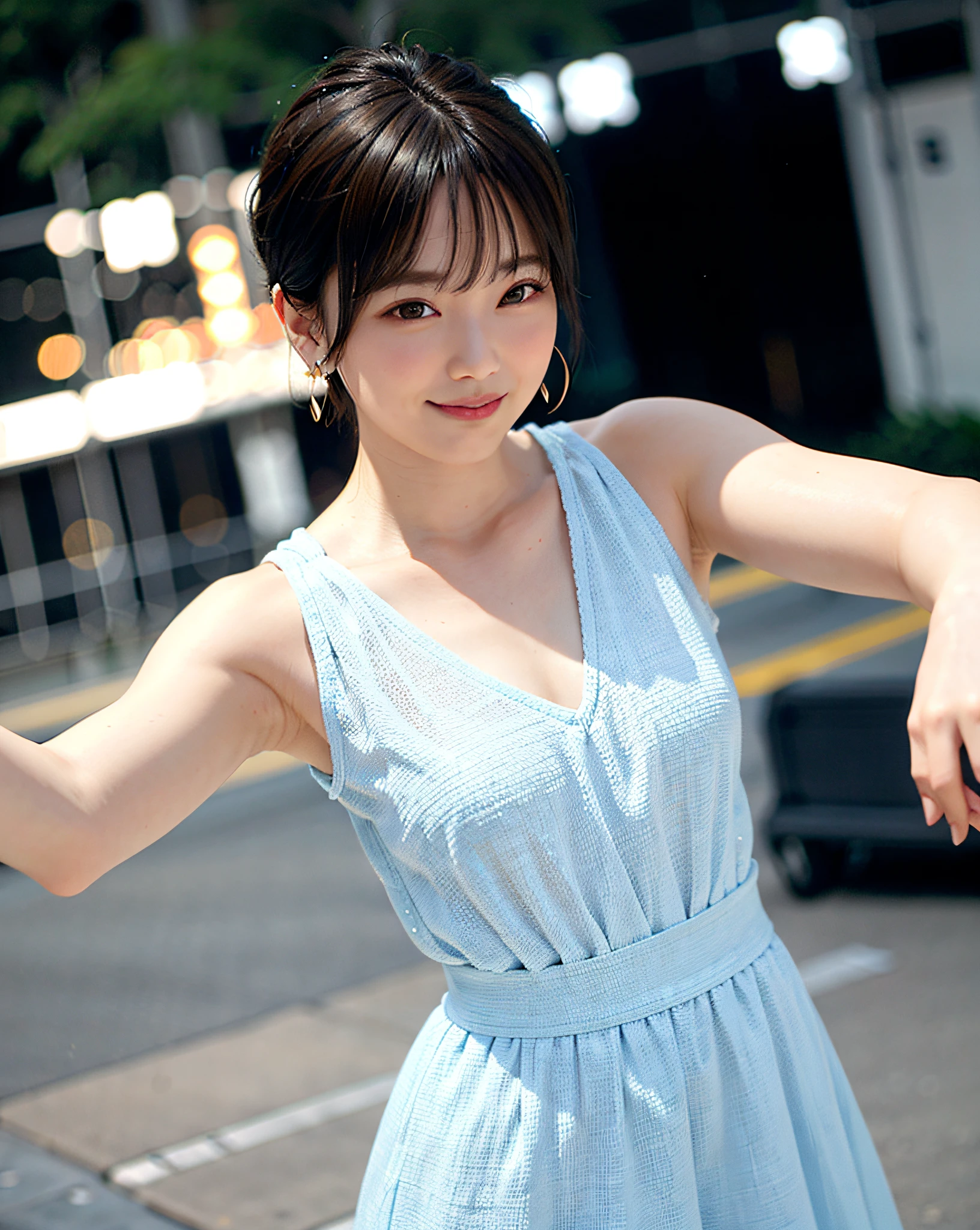 a woman posing on the street corner with light blue dress on, best quality, 1girl, large breasts, day, bright, blur background, bokeh, outdoor, (street:0.8), (people, crowds:1), (lace-trimmed dress:1.5, sleeveless dress, light blue clothes, light blue high-neck dress:1.2, blue dress: 1.5), gorgeous, (short hair, forehead:1.2), beautiful detailed sky, earrings, (dynamic pose:1.2), (upper body:0.8), soft lighting, wind, shiny skin, smile,