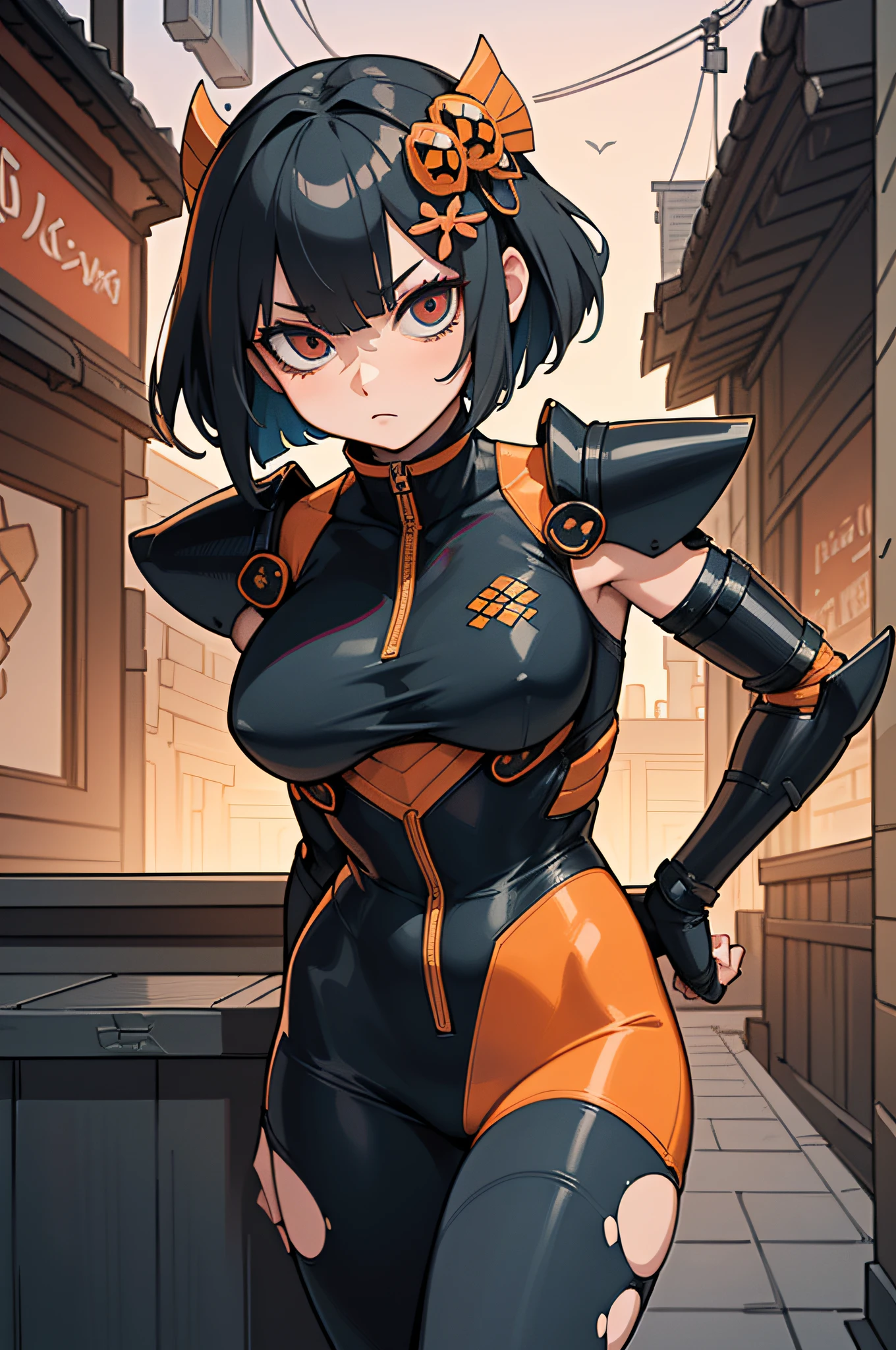 [Detailed illustrations, art based on extremely ideal anatomy, very detailed and detailed drawings, slow and delicate lines, realistic texture expression],((Color tressed main lines)),(Artwork with outstanding craftsmanship),(Shinjuku background at night),[(HENTAI ANIME) NINJAGirl Japanese Beauty  Petite and muscular ((Slim body)) Short bob cut],((Hornet) Orange Ninja Battle Armor) Scarf (Stole) (Fitting Rubber Inner) Honeycomb (Edge) ((((Hair ornament)))) (Dull metallic luster),Gravure (((KUNOICHI))),((Fine and beautiful skin expression (transparency)))),((Clear gaze)),((Perfect eye details (Beautifully drawn eyes))),( Beautiful perfect face (realistic face details)),((Beautiful hair details)),(Perfectly proportioned proportions)),(Design built to a high level,((Advanced structural understanding of materials)),Ideal color coordination),((Artistic decoration)) ((Dense details)),((Detail,High definition)),[(Ultra-precision detail),(((Multilayer texture)), HighQuality,High Resolution],((Accurate simulation of light-material interaction, understanding of air flow, mechanically correct representation)),(((Visual art with a sense of narrative)).