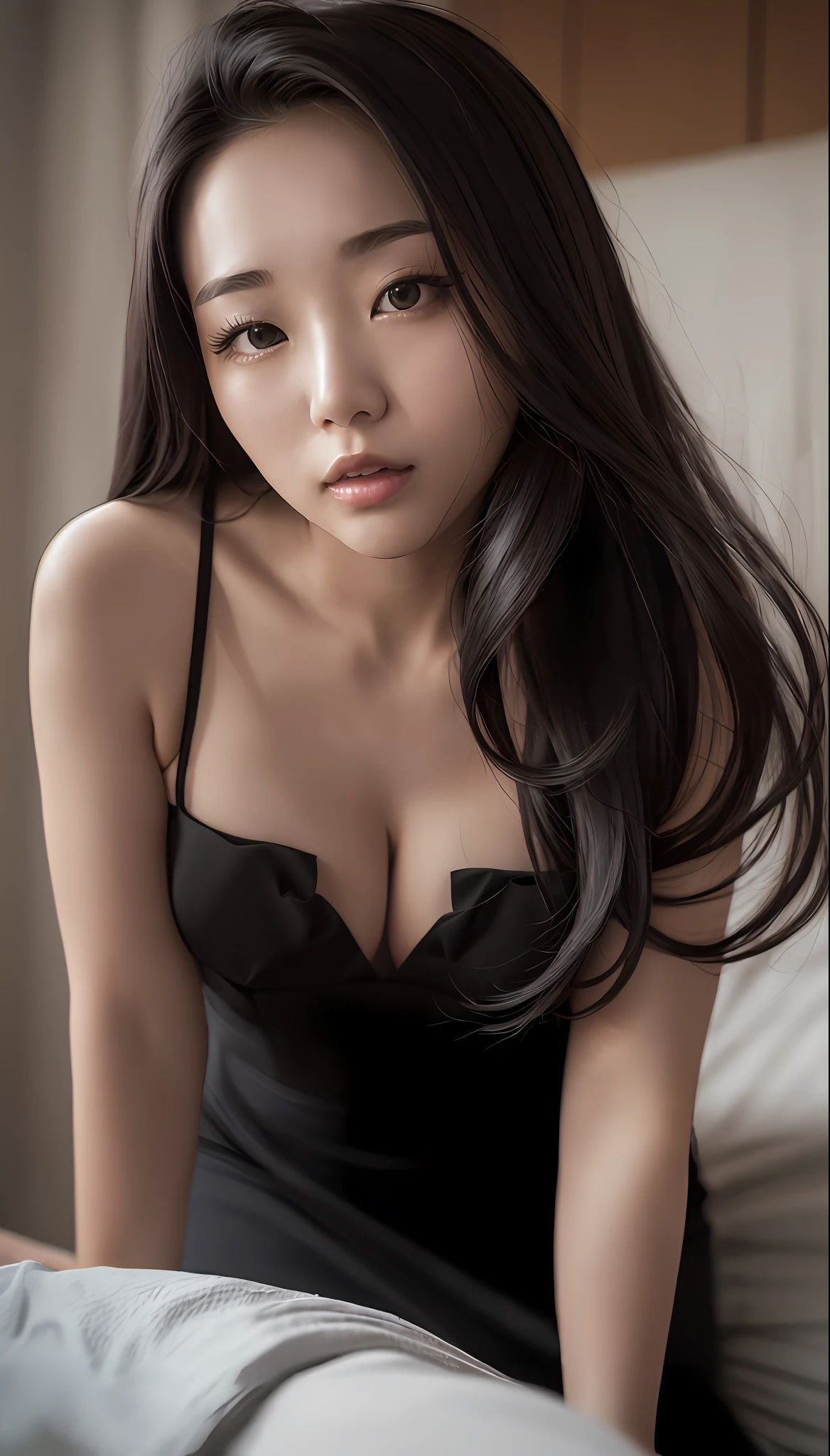 Close up of a woman in a black dress, kneeling on bed, very high quality, high quality video, korean girl, sexy look, sexy shot, chinese girl young cute girl, beautiful asian girl, cute woman, full body, 8K, masterpiece,