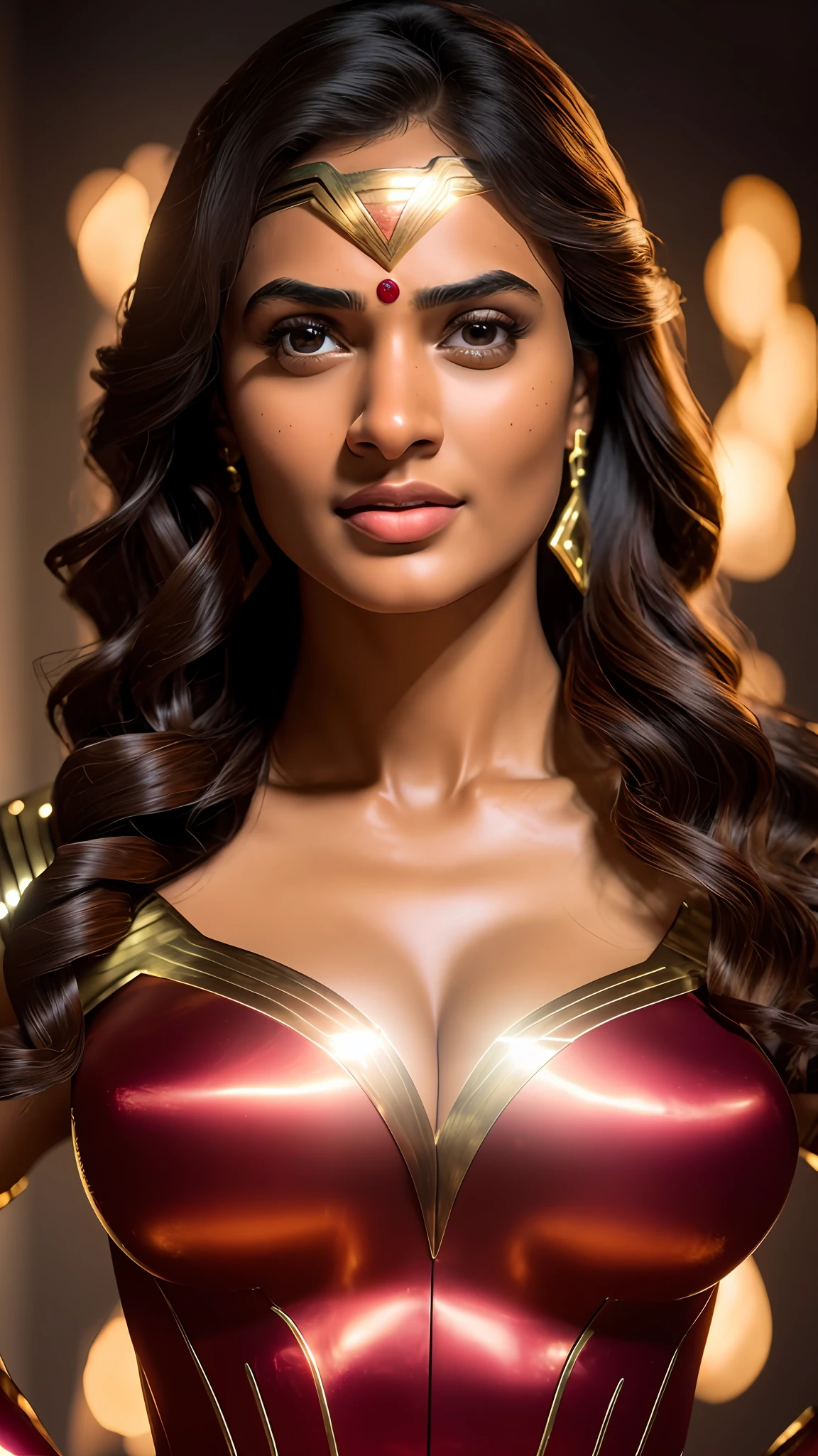 8k, Realistic, (masterpiece), best quality, ultra-detailed, detail face detailed skin tone,  high-resolution, (indian girl),(wonderwomen costume dress)+(very big breasts:1.1), half-body, beautiful face,(glowing skin🔥:1.2+extremely detailed skin)+[ warm lighting and vibrant colors🌟:0.9 ], dynamic pose,bright eyes,