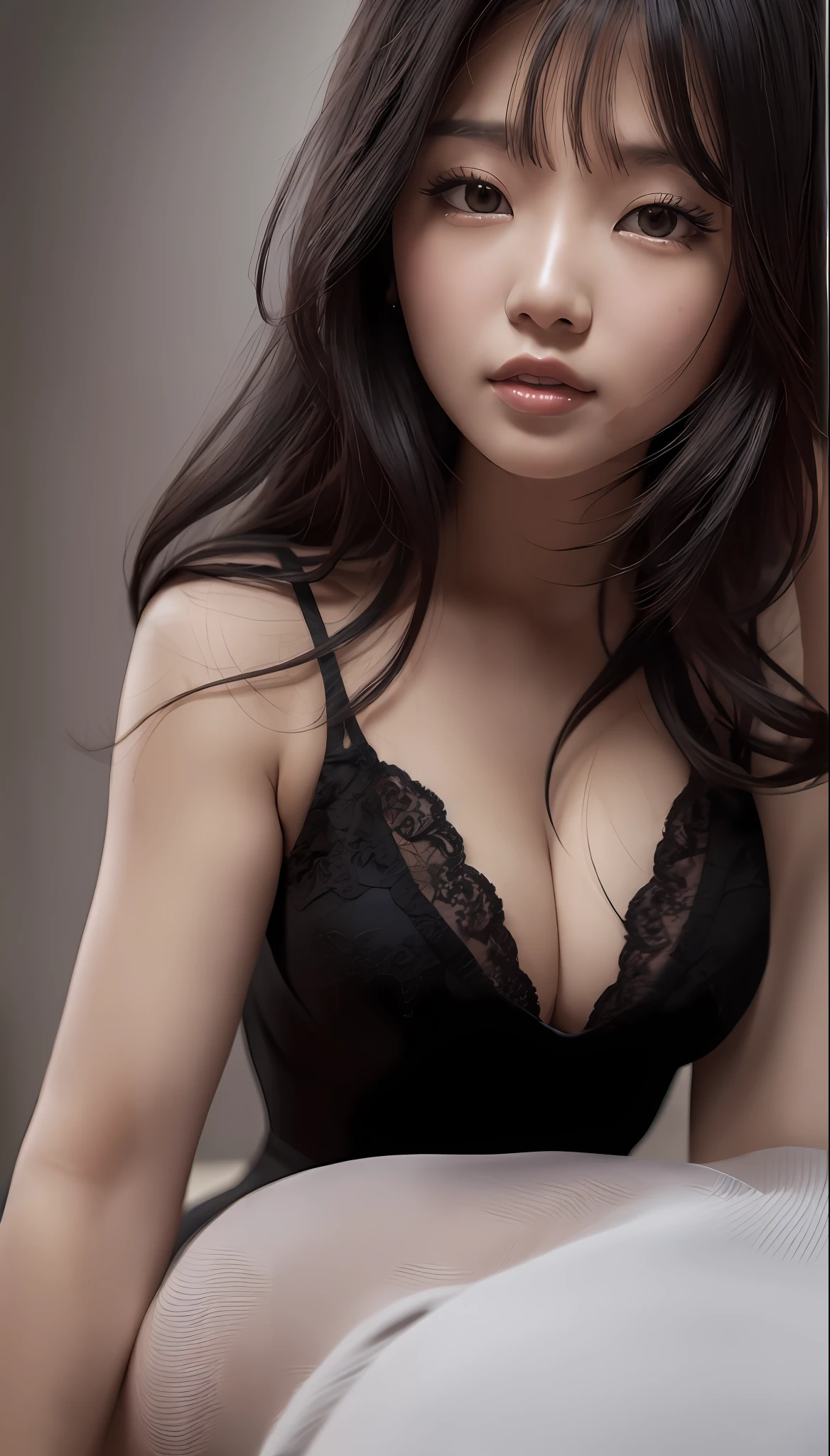 Close up of a woman in a black dress, kneeling on bed, very high quality, high quality video, korean girl, sexy look, sexy shot, chinese girl young cute girl, beautiful asian girl, cute woman, full body, 8K, masterpiece,