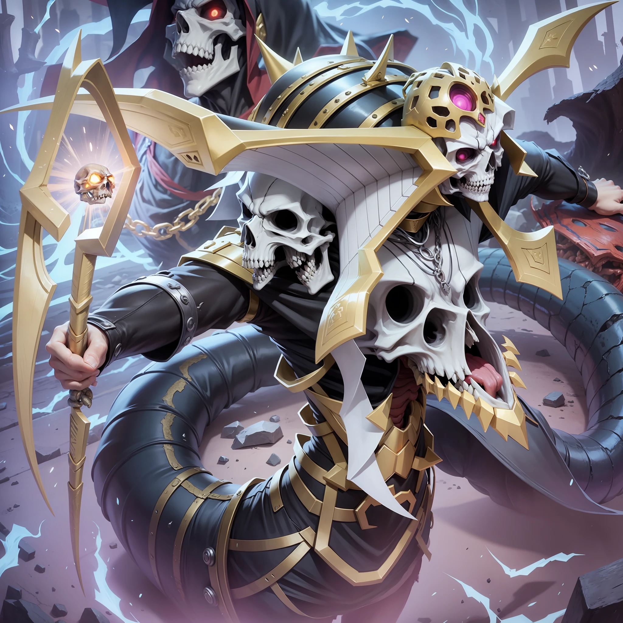 Yugioh zombies with defined muscles and skull face screaming at the snake body