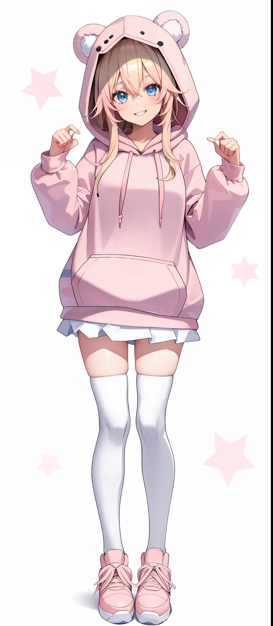 vtubermodel of 1girl , long blonde hair, blue eyes , fluffy bear ears , hood up,(light pink hoodie:1.3), white miniskirt, white thighhighs, strawberry pattern hoodie, sneakers, clogs, high quality , extra detailed , rendered, (white background:1.3), full body, smiling