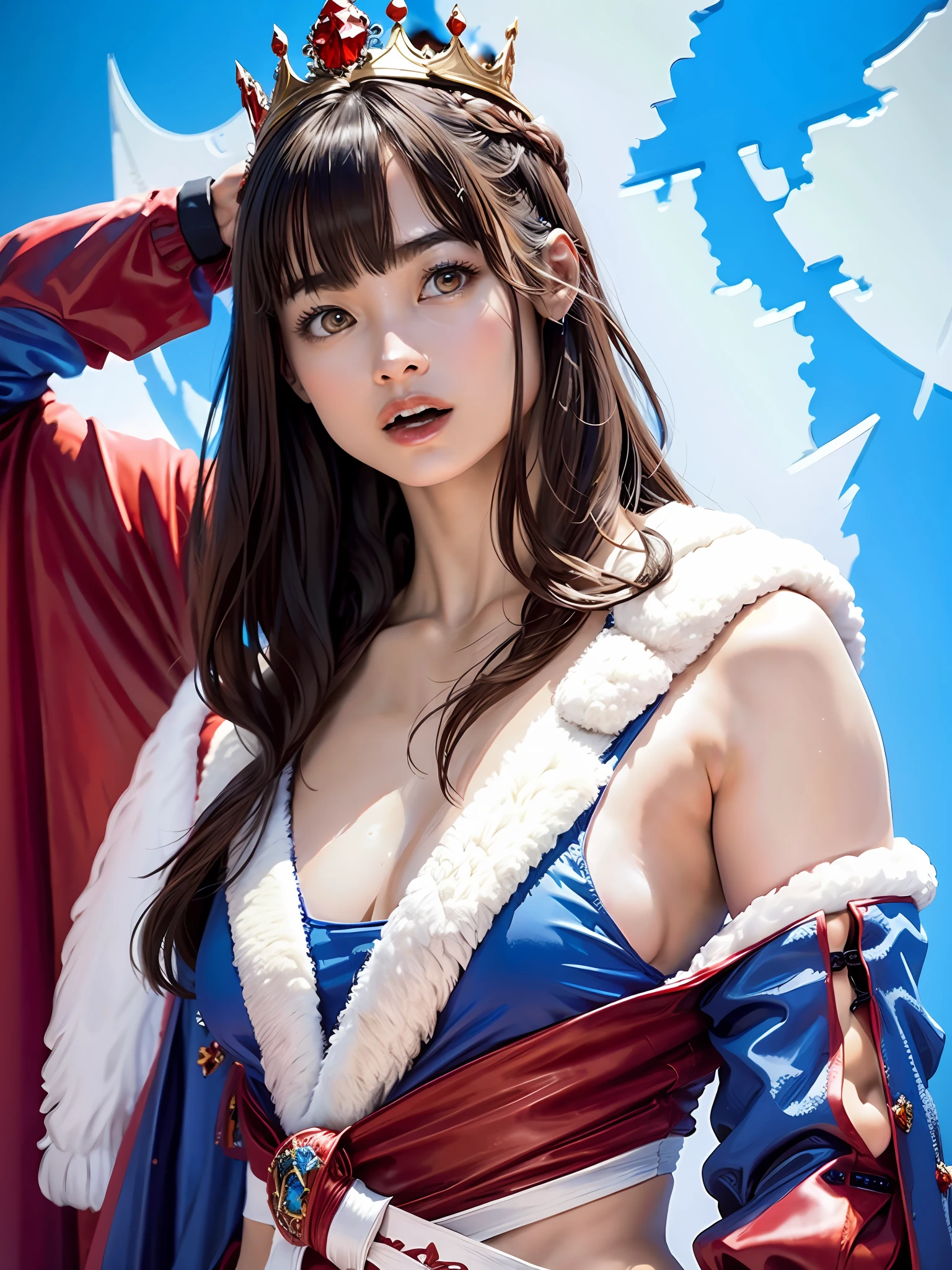 (Masterpiece, Top Quality, Best Quality, Official Art, Beautiful and Aesthetic: 1.2), RAW Photos, (Highly Detailed Skin: 1.2), (Exposure: 1.1), (Exposed Back: 1.5), (Exposed Shoulders: 1.1), (Exposed Crotch: 5.5), Ultra-Detailed Complex 3D Rendering of Face, Various Poses, ((Colossal: 7.8))), (Exposure: 2.1), Blue Micro Bikini, , Perfect Figure:1.4, slim abs: 1.1, (1 girl), red cape lined with fur, detailed crown adorned with precious stones: 2.2), cleavage, brown hair, white skin, with strong and detailed weapons, open mouth lightly,