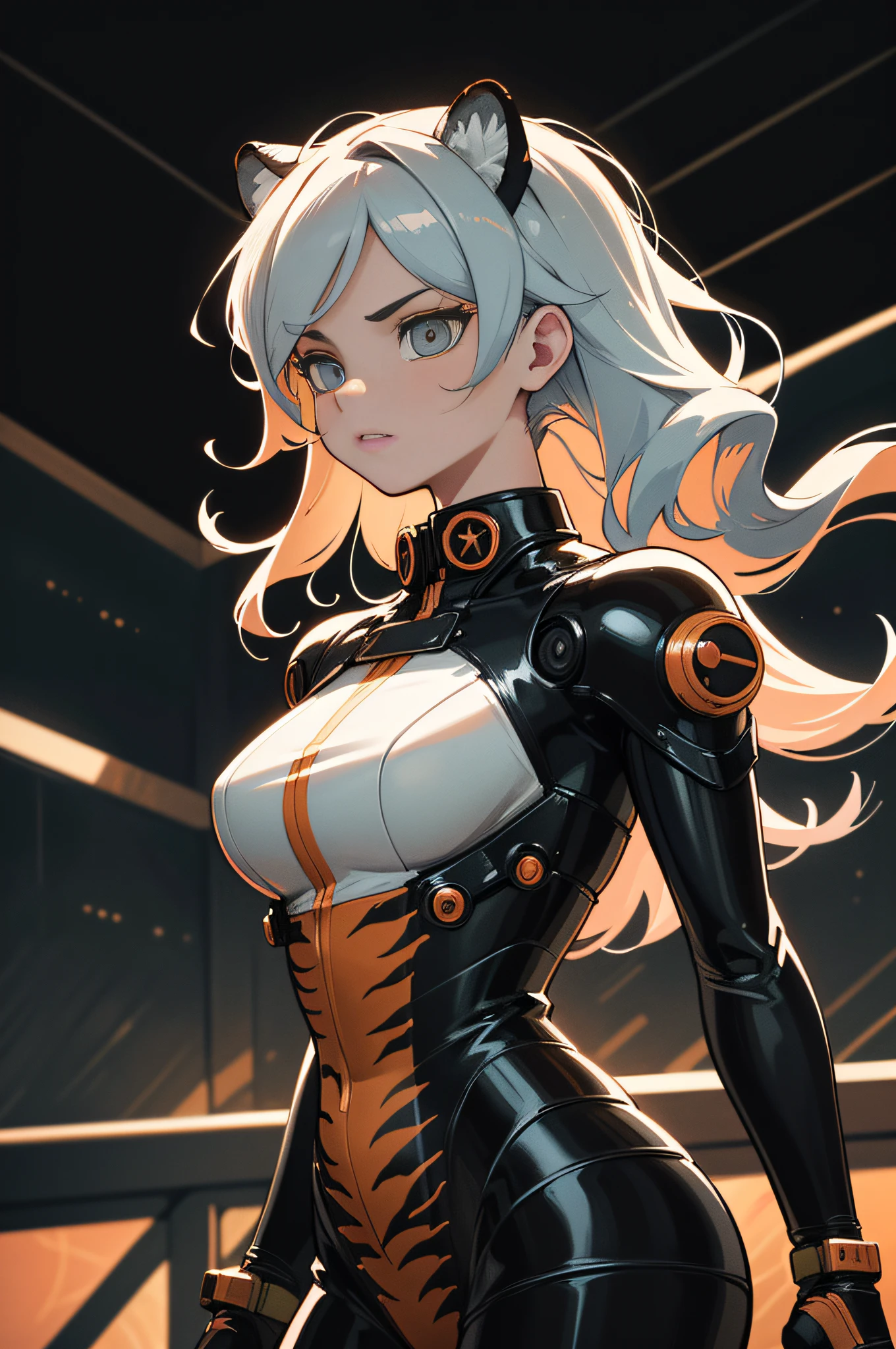 [Detailed illustrations, art based on extremely ideal anatomy, very detailed and detailed drawings, slow and delicate lines, realistic texture expression],((Color tressed main lines)),(Artwork with outstanding virtuosity),(Briefing room background),[(HENTAI) ANIME Girl Japanese Beauty Cyborg 17 years old (Wild hair)] Muscular (( KARATE)) Mechanical arms (V8 engine: 0.3),[Black leather jacket] ((Tiger: 0.6) (Translucent rubber inner)) (((Tiger stripe))),((Chrome coating:0.5))),(Science Fiction Mechanical Bioengineering),((Fine and beautiful skin expression (transparency)))),((Clear line of sight)),(Perfect eye details ( Beautifully drawn eyes))),(Beautiful perfect face (realistic face details)),((Beautiful hair details)),(Perfectly proportioned proportions)),(Design built to a high level,((Advanced structural understanding of materials)),Ideal color coordination),((Artistic decoration)) ((Dense details)),((Detail,High definition)),[( Ultra-precise detail),((Multi-layered texture)),HighQuality,High Resolution],((Accurate simulation of light-material interactions, understanding of air flow, mechanically correct representation)),(((Visual art with a sense of narrative)).