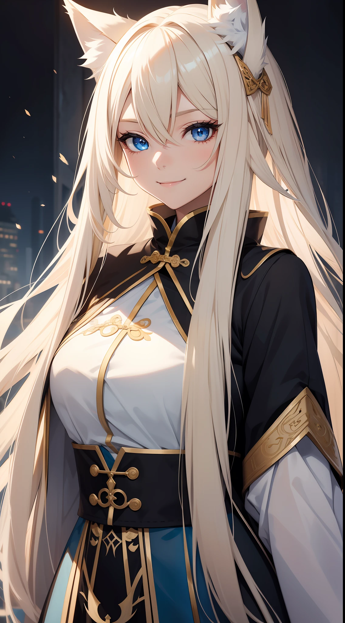 Adult girl, long blonde hair with white strands, blue eyes, wolf ears, black Chinese clothes, smile, masterpiece, high quality