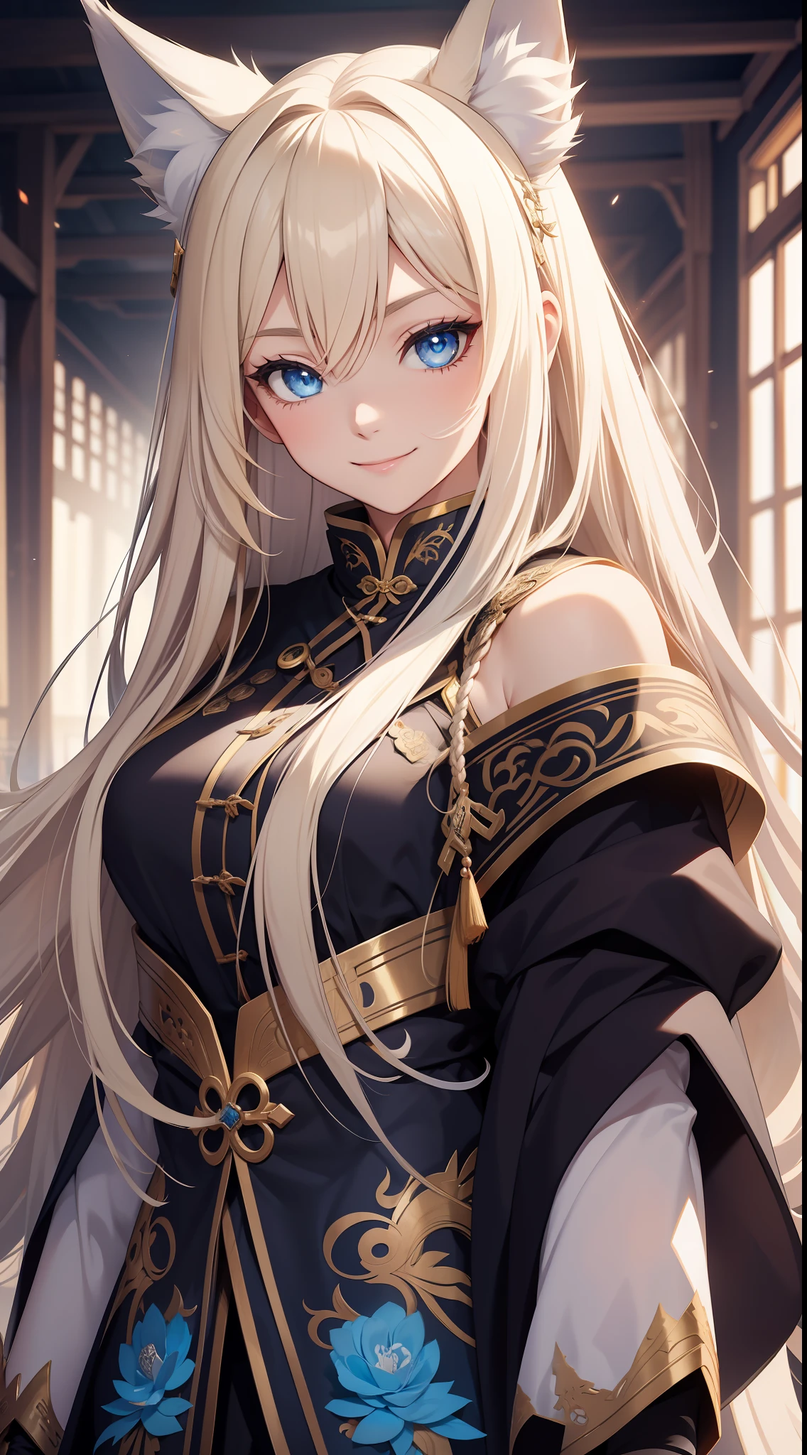 Adult girl, long blonde hair with white strands, blue eyes, wolf ears, black Chinese clothes, smile, masterpiece, high quality
