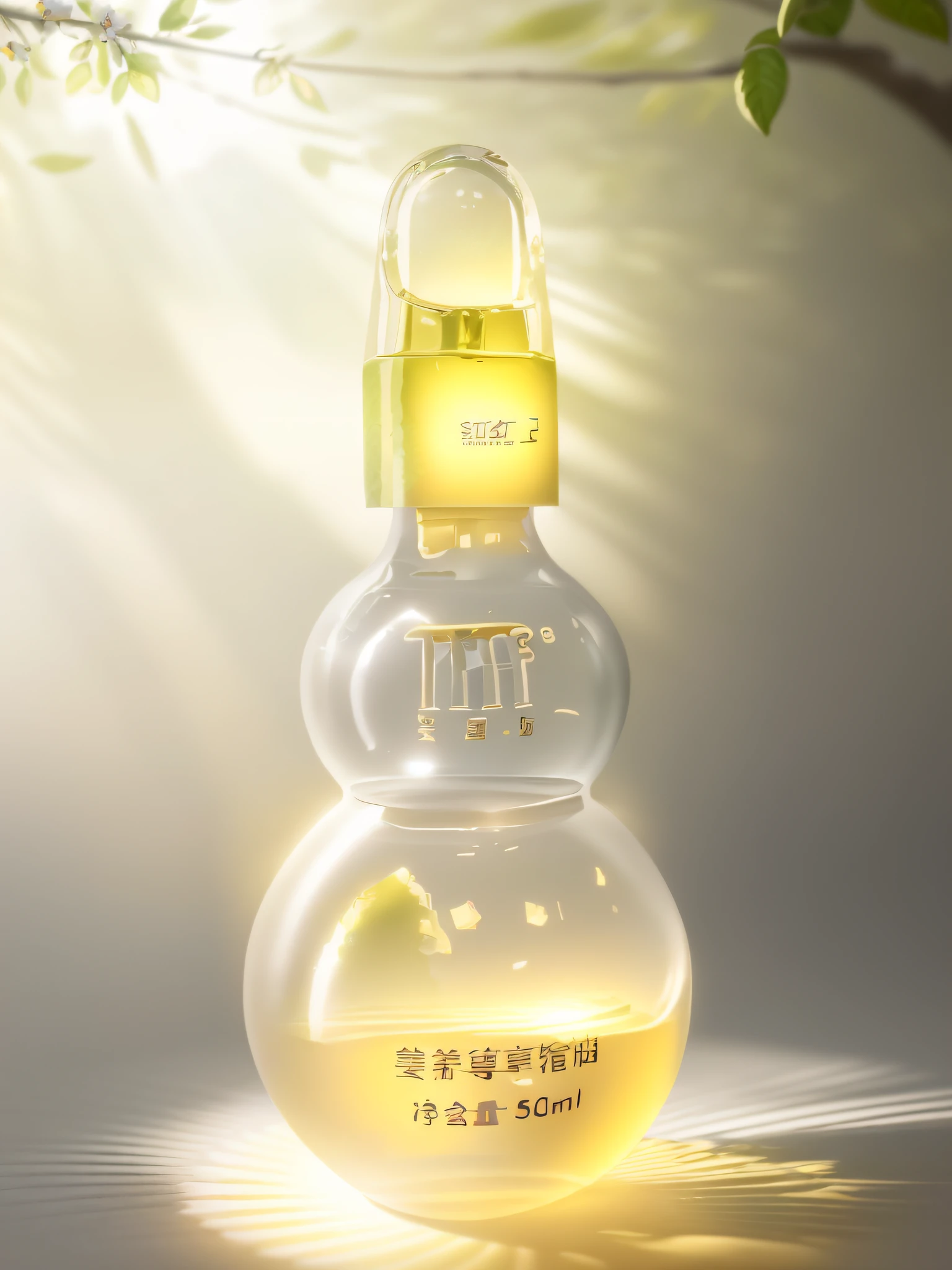 Masterpiece, best quality, (very detailed CG unified 8k wallpaper) (best quality), (best illustration), (best shadow) Nature Valley Delicate foliage Petals of various colors falling in the air Ray tracing, ultra detailed, label white, background solid color, yellow soft light irradiation, perfume bottle is made of glass --v6