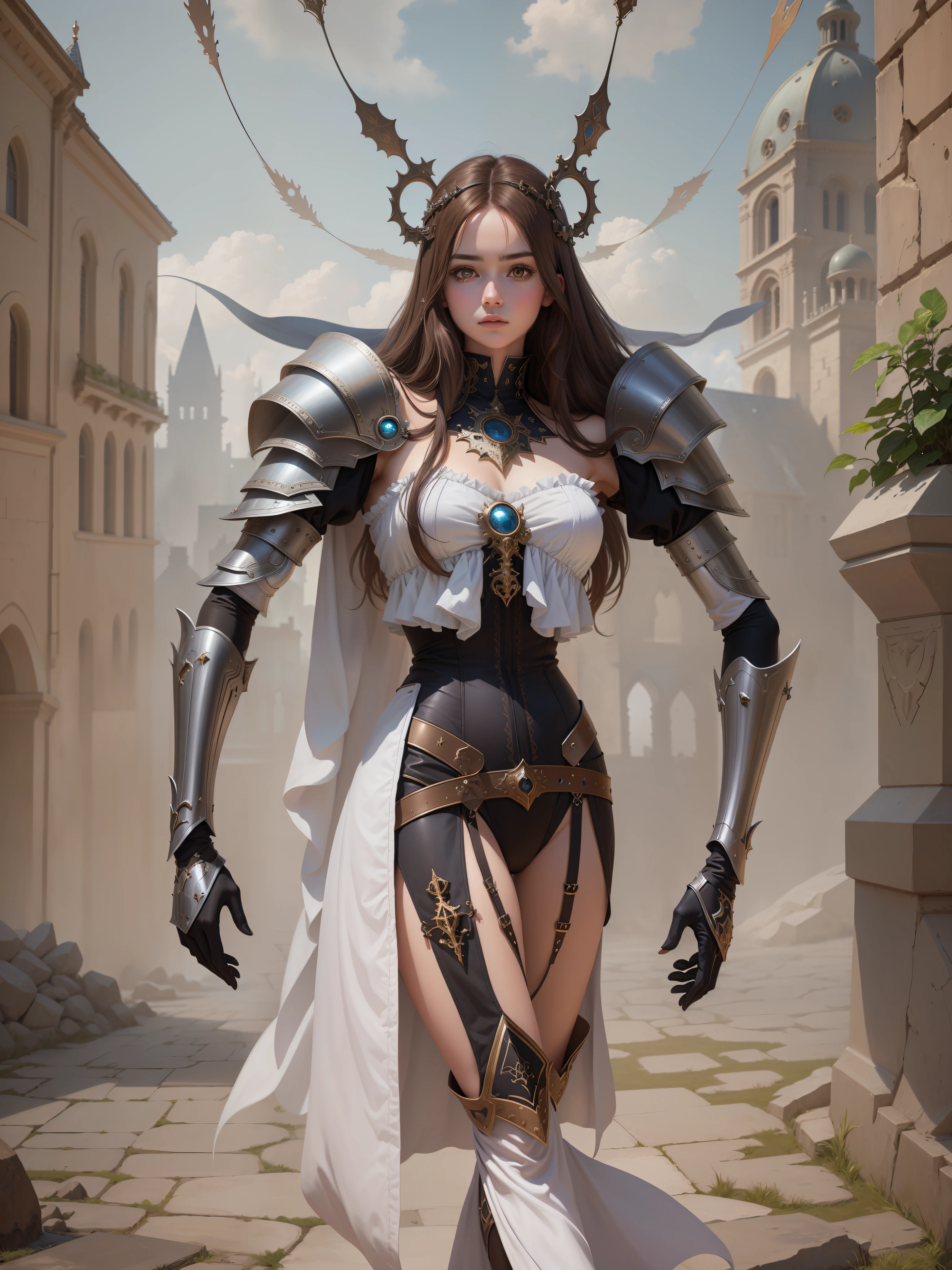 best quality, masterpiece, (realistic:1.2), 1 ghost girl , brown hair, brown eyes,Front, detailed face, beautiful eyes, gothic city, armor, magic effect