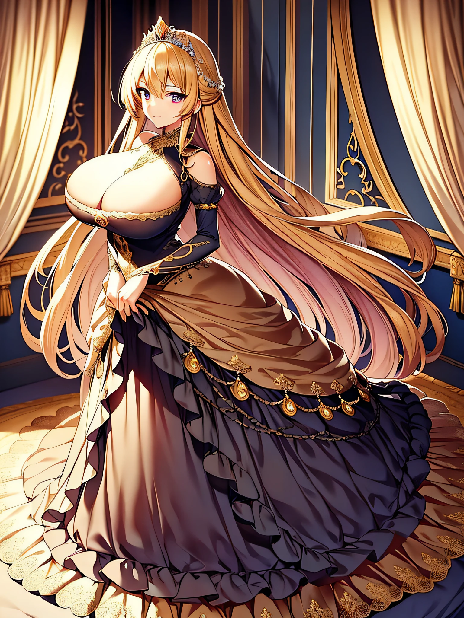 ((anime moe artstyle)),(Masterpiece),(Best Quality), (Super Detail),Illustration,((Very Delicate and Beautiful)),Focus on character,Dynamic Angle,Looking at viewer,(((Solo))),((Full body)),(((one gorgeous princess in jeweled ball gown with a voluminous skirt))),detailed face and eyes,jewel-like eyes,(Very Long Hair),gorgeous embroidery and lace,See-through,ornate ruffles,(gigantic breasts,Long breasts),jeweled ball gown,lift up the hem of dress, (gorgeous ball gown with a voluminous skirt),
