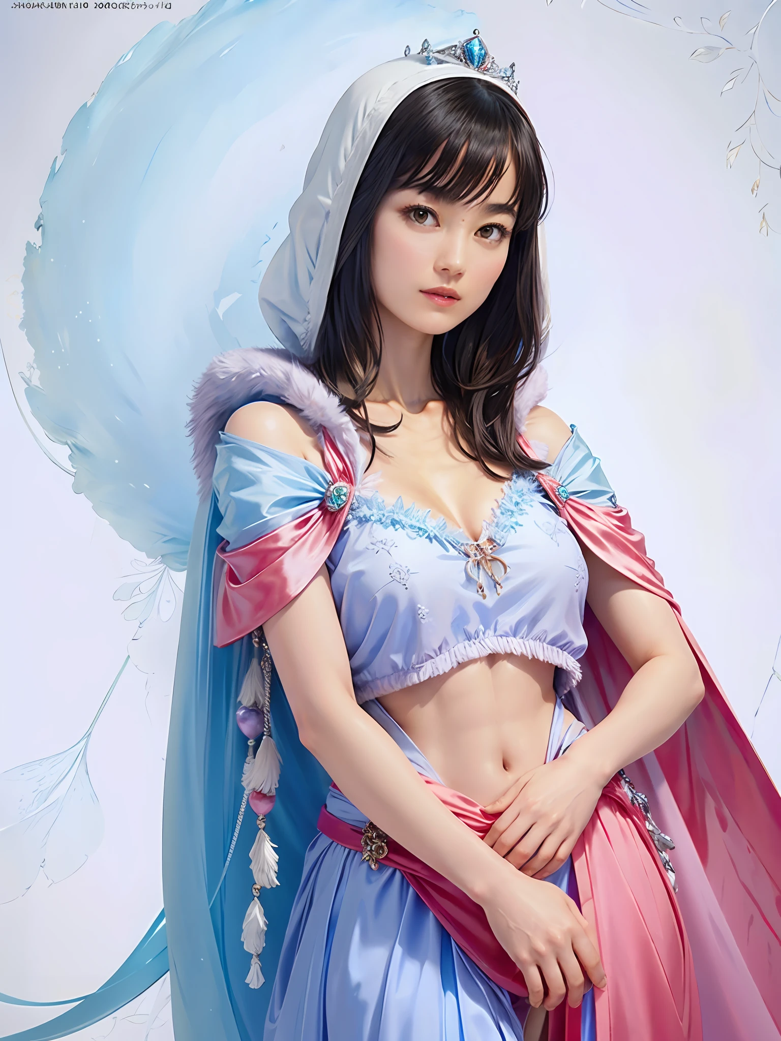 (Masterpiece, Top Quality, Top Quality, Official Art, Beautiful and Aesthetic: 1.2), RAW Photos, (Highly Detailed Skin: 1.2), (Exposure: 1.1), (Exposed Shoulders: 1.1), (Exposed Crotch: 5.5), Ultra-detailed complex 3D rendering of face, various poses, ((Colossal: 7.8))), (Exposure: 2.1), Light blue string micro bikini, made of transparent silk, Perfect figure: 2.4, slim abs: 1.1, (1 girl), pink silk cape lined with fur, detailed crown adorned with precious stones: 2.2), cleavage, black hair, white skin, with strong and detailed weapons,