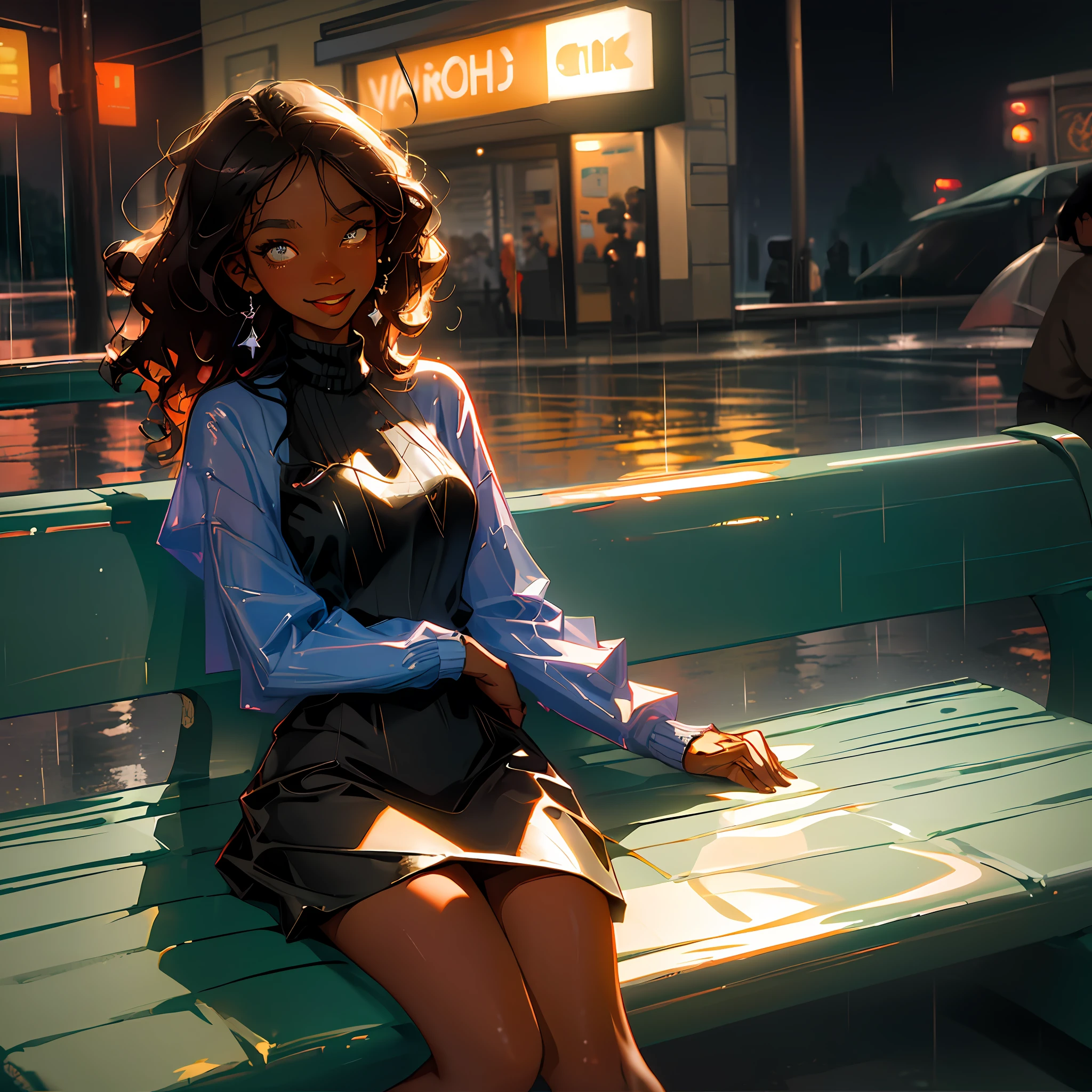 (best quality, masterpiece), 1girl, (dark skin), curly hair, wavy hair, bikini, new york, sitting on street bench, wet, raining, full moon, night, city lights, long hair, wind, happy smiling, busy city,