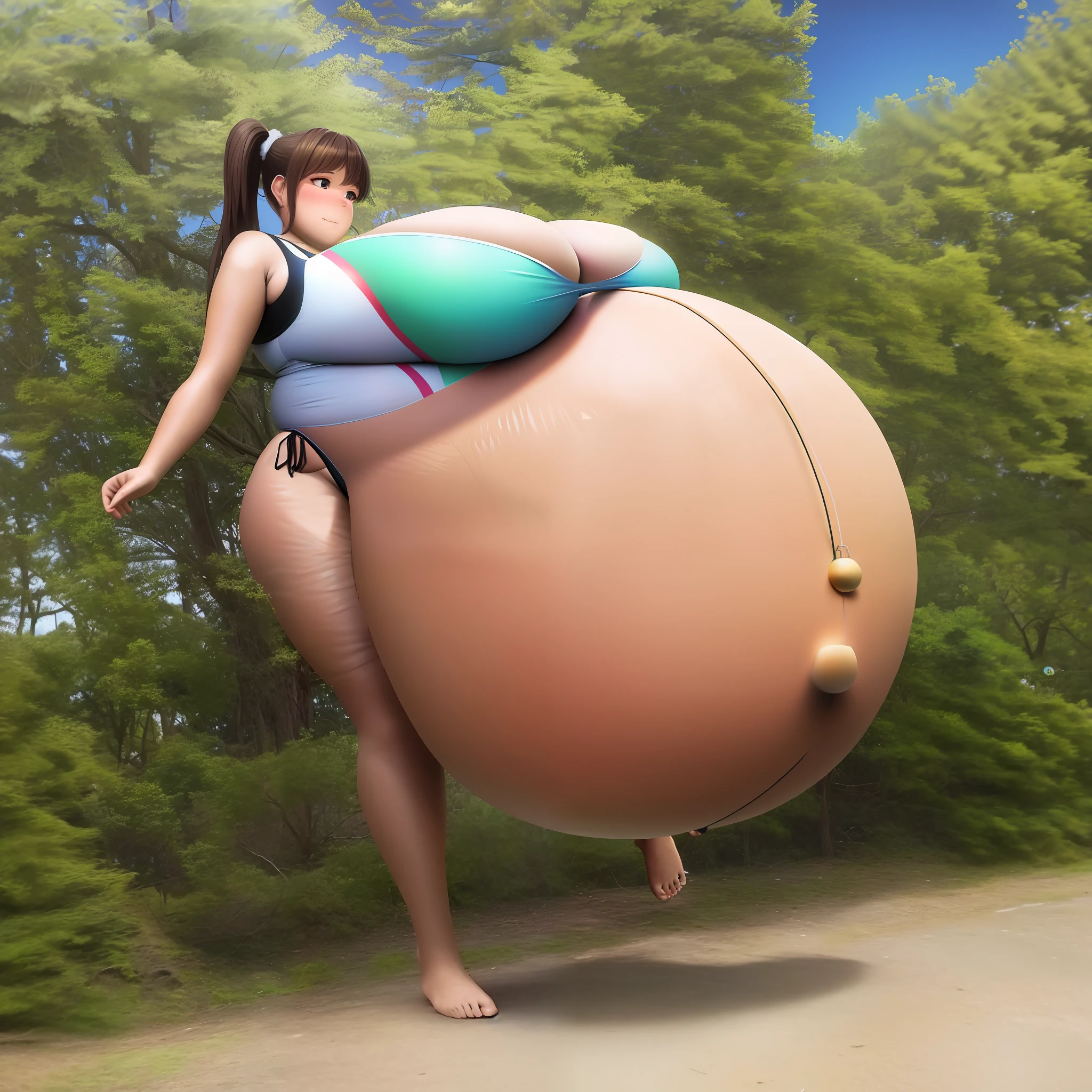 masterpiece, best quality, gigantic breasts, revealing clothes, side ponytail, simple bottom, swimsuit
, (pregnant, gigantic belly),
