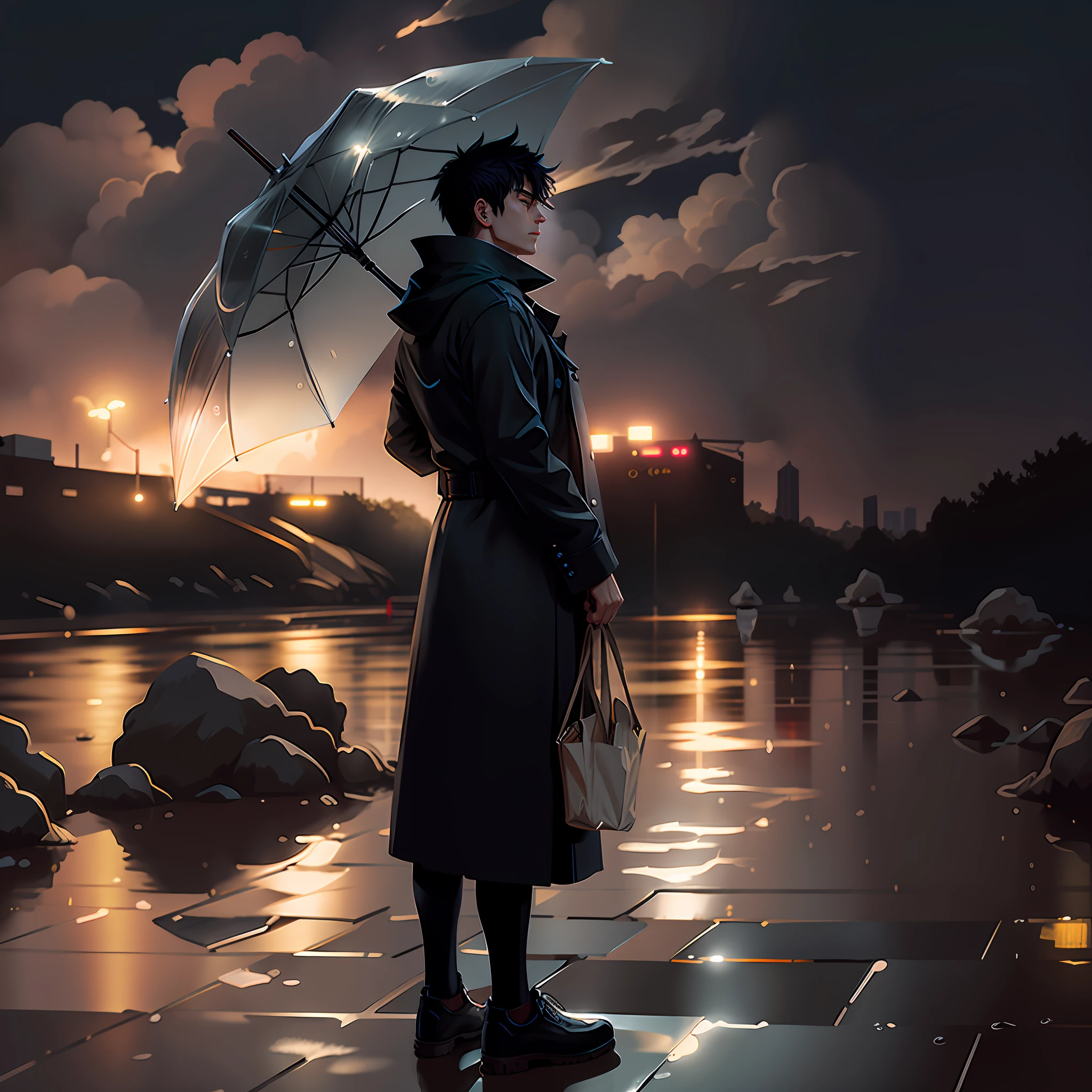 3D, heavy rain, rain closeup, anime man standing on wet sidewalk holding umbrella, heavy rain, it's raining, dim light, anime handsome man, realistic anime 3 D style, smooth anime CG art, anime realism style, realistic anime art style, anime portrait of handsome man, male anime style, badass anime 8 K, young anime people, digital anime illustration, detailed digital anime art, male anime characters , dim sky, heavy rain, heavy rain weather, rain a lot, lightning --auto --s2