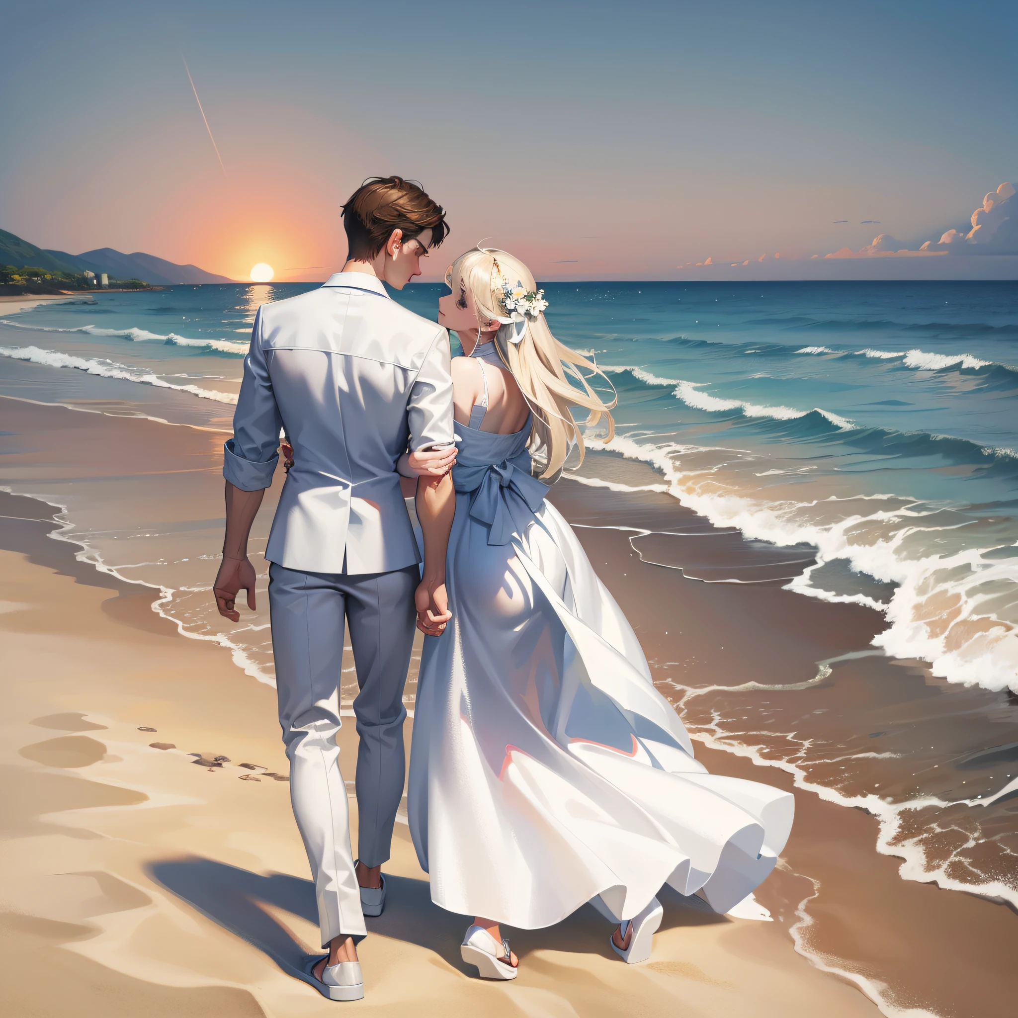 On the beach by the sea, a beautiful girl in a long white dress ((holding a handsome young man)) stands on the beach