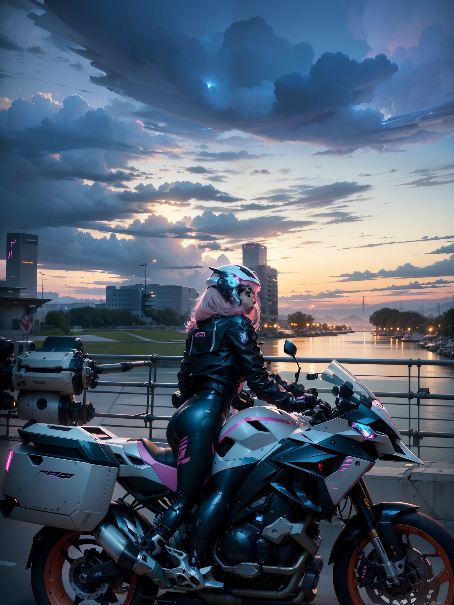 Sexy full body white mech pink short hair Cyber Sailor and Cyber Mechanical Motorcycle, pink long hair, high-tech white full surround helmet, long blonde hair, Nousr, biomechanics, MSHN robot man, high-tech helmet, surreal, steel, intricate design, crazy details, fine details, extremely clear lines, cinematic lighting, photo realism, detailed masterpiece