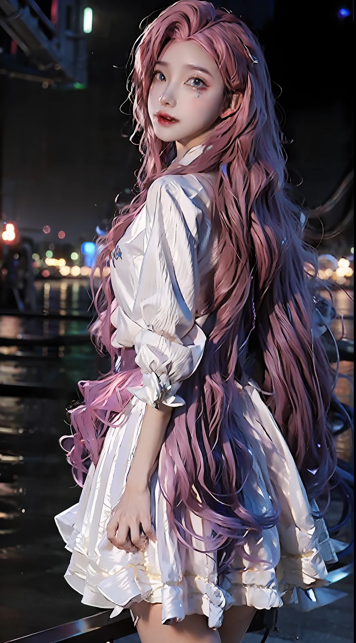 masterpiece, best quality, official art, 8k wallpaper, 1 girl, solo, pink hair, very long hair, short skirt, wide sleeves, dress, thighs, stockings, hands on back, outdoor, cinema lighting,