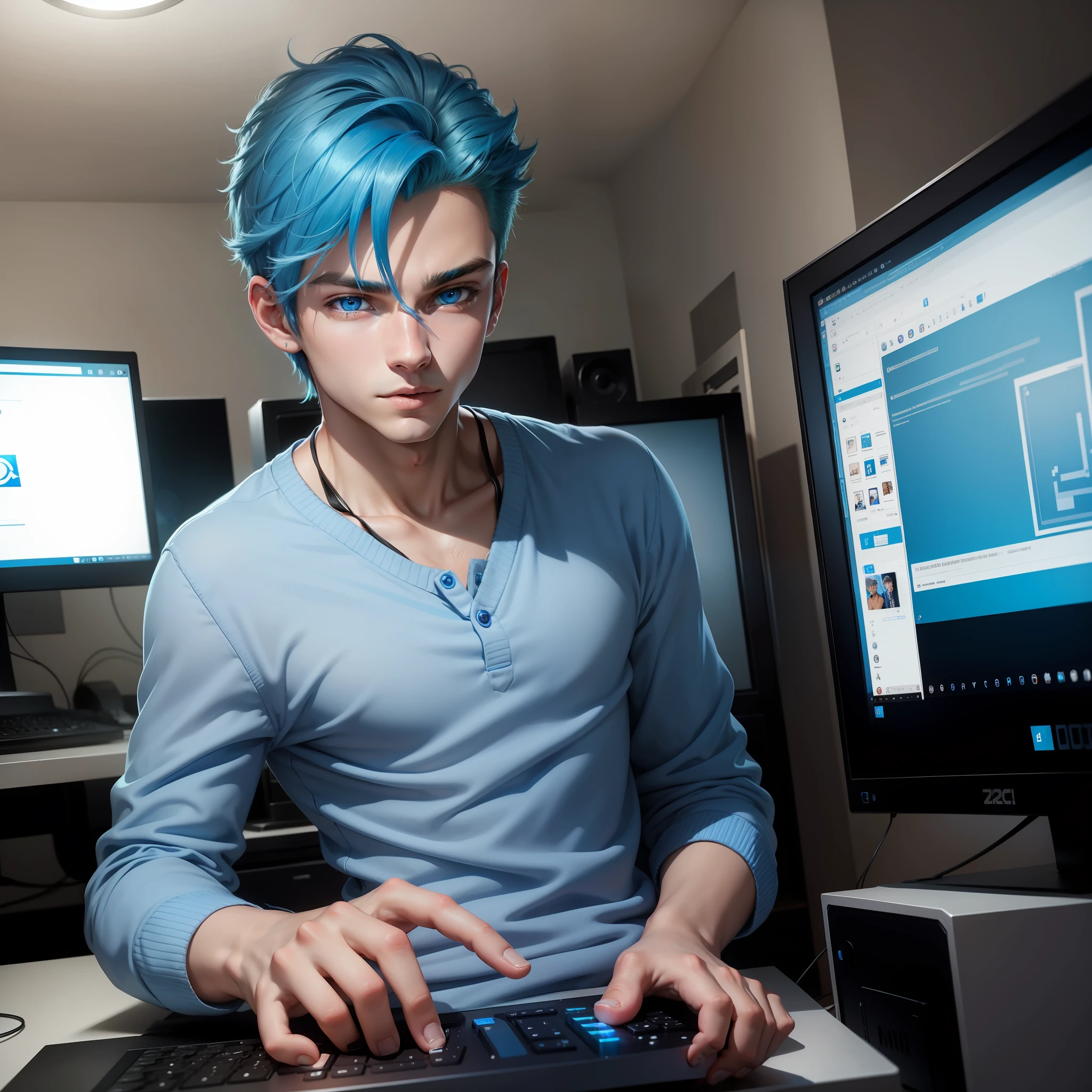 Handsome 17-year-old boy with blue hair and blue eyes playing on his pc in his room