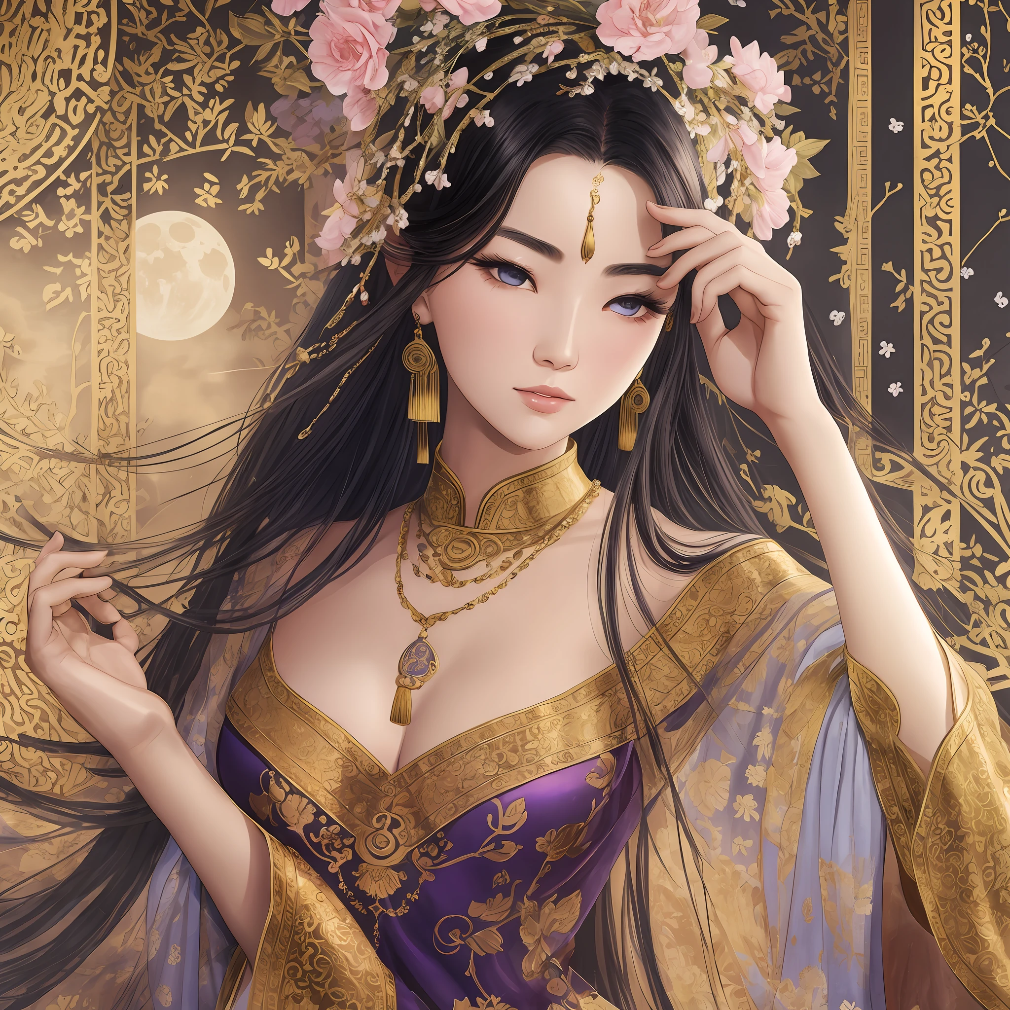In ancient China, there was a stunning beauty who wore a silk dress and had long and lustrous hair. Her eyes were as beautiful as her brows, which were delicately drawn like a painting. She was known as the "closed moon with shy flowers," a phrase used to describe her incomparable beauty. Her charm was irresistible, and her demeanor was captivating. She was truly a woman of alluring grace and style. --auto --s2