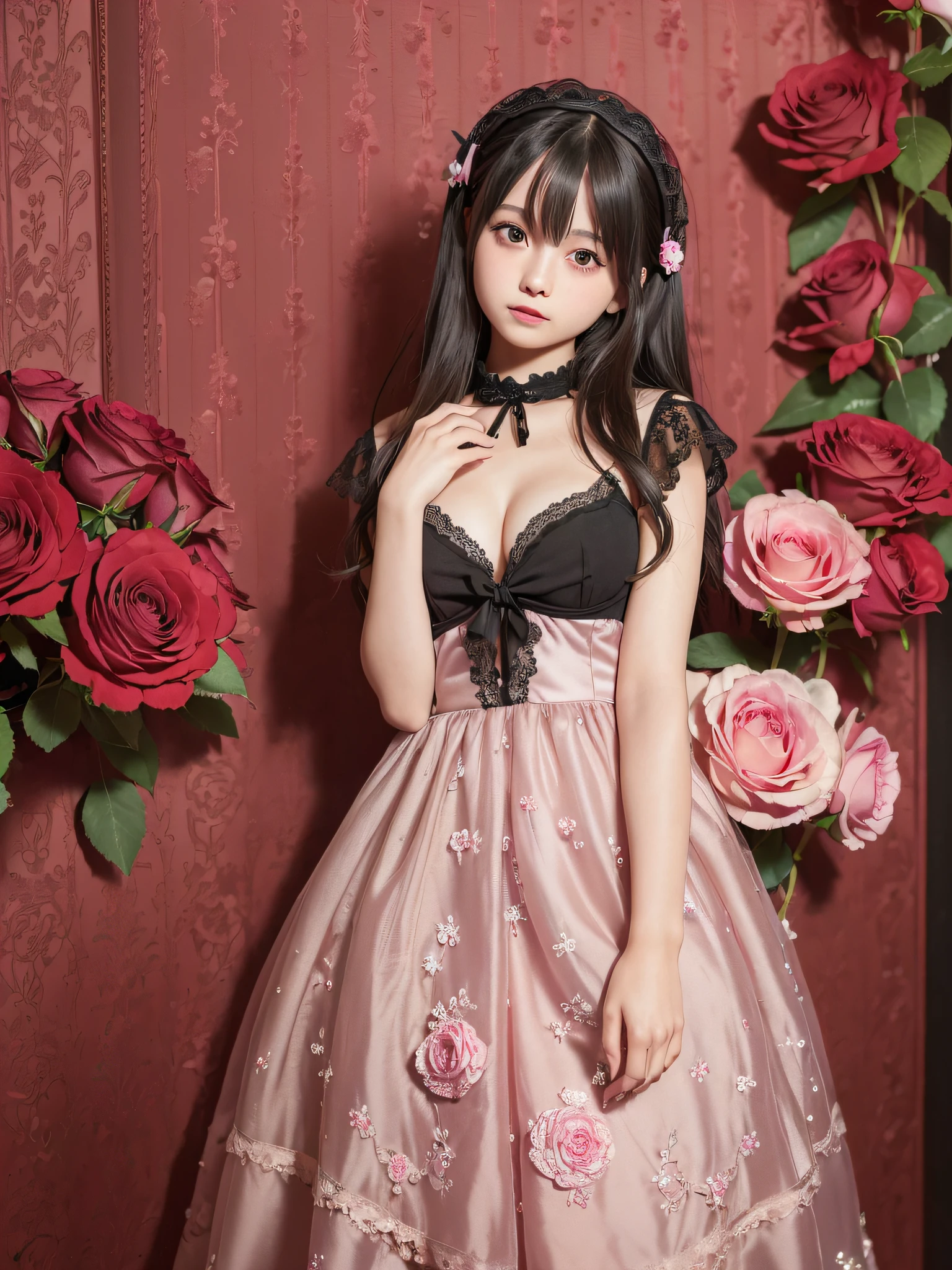 1 Nogizaka Musume, very cute, beautiful girl, 14 years old, (Gothic Lolita fashion), exquisitely dense and beautiful face, eyes and skin, fine black hair, (small breasts), (cleavage), (open chest), elegant ruffles, ruffled tie, ribbon tie, rose hair accessories, (smiling at the camera), (cowboy shot), (european castle), professional lighting, break, (real, Photorealistic: 1.37), 8k, (masterpiece), (best quality: 1.4), (ultra high resolution: 1.2), (RAW photo: 1.2), (delicate lace, soft fabric, beautiful rose patterned dress), perfect anatomy, four fingers and one thumb, super detailed background, (Unity 8k wallpaper)