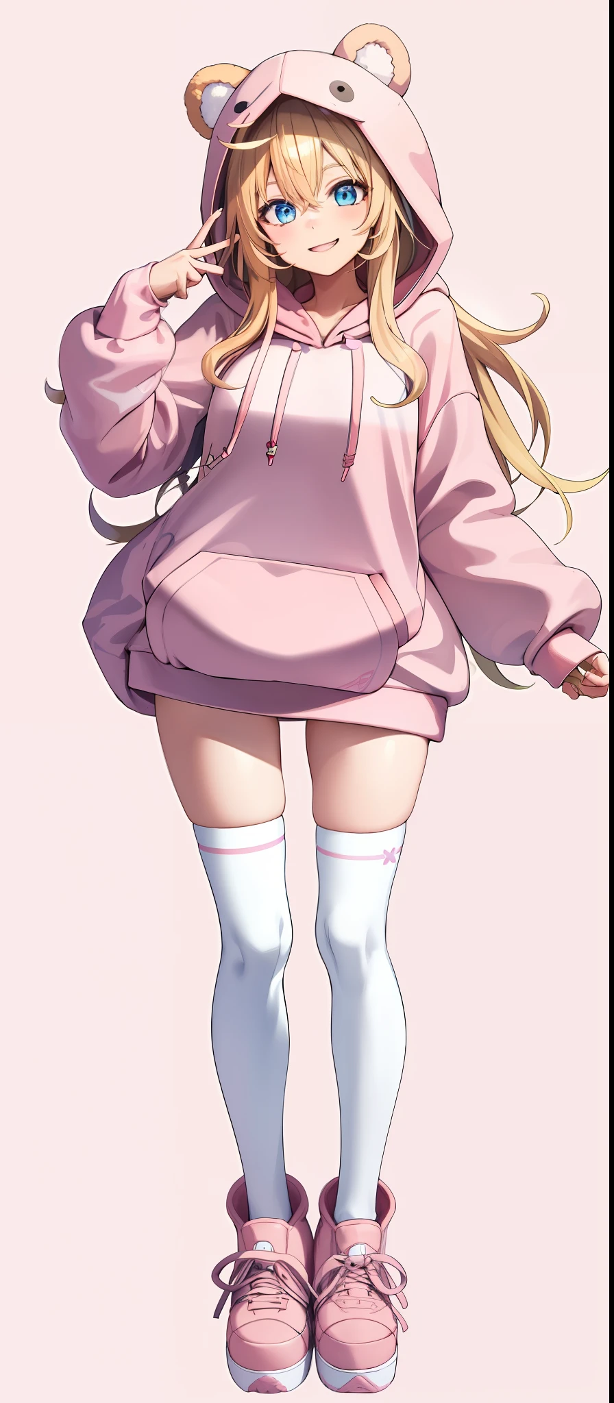 vtubermodel of 1girl , long blonde hair, blue eyes , big thighs, fluffy bear ears , hood up,(light pink hoodie:1.3), long hoodie, white thighhighs, strawberry pattern hoodie, sneakers, clogs, high quality , extra detailed , rendered, (white background:1.3), full body, smiling
