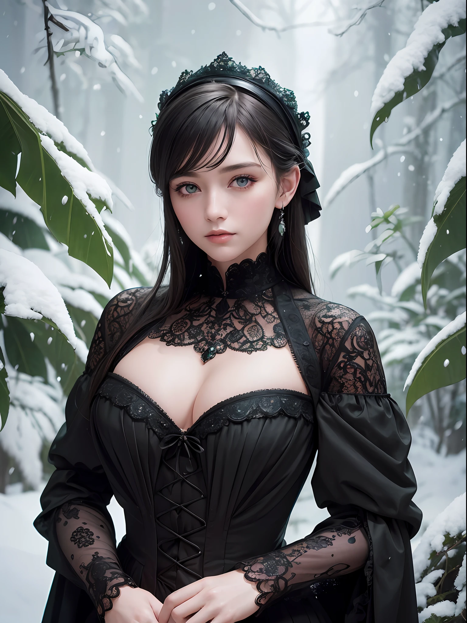 (Upper body close up), a woman in black victorian dress, off shoulder, green topaz eyes,snow rain forest background, intricate detailed , (highly detailed skin,face,eyes), delicate eyes, high detailed eyes, ultra hi-res photo, (masterpiece,top quality,realistic),