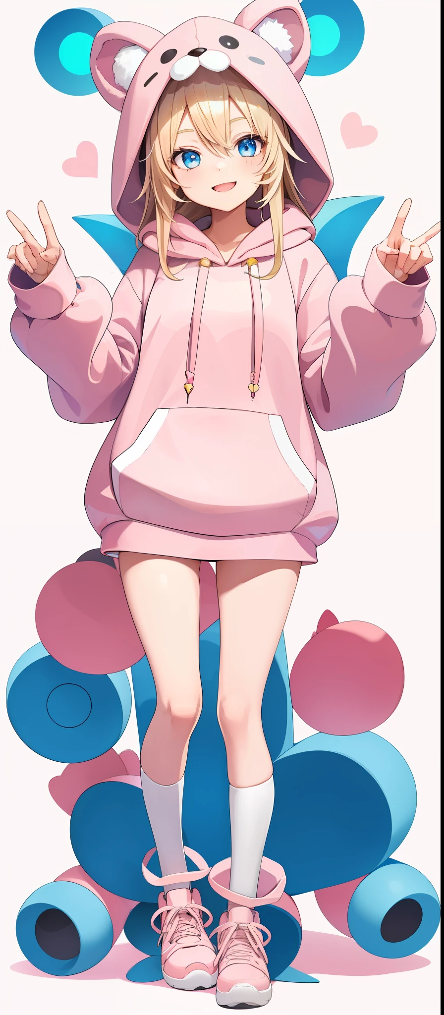 vtubermodel of 1girl , long blonde hair, blue eyes , big thighs, fluffy bear ears , hood up,(light pink hoodie:1.3), long hoodie, white thighhighs, strawberry pattern hoodie, sneakers, clogs, high quality , extra detailed , rendered, (white background:1.3), full body, smiling