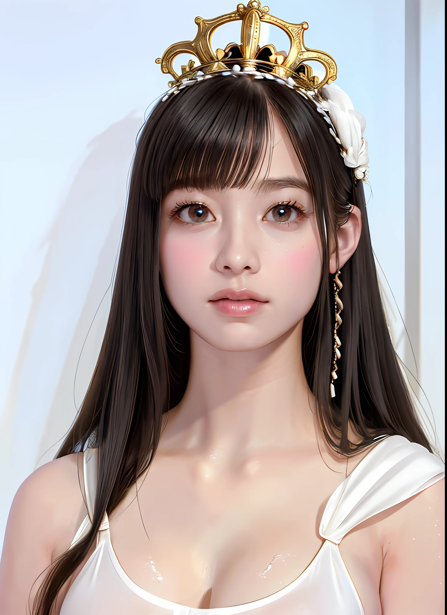 Ultra-detailed complex 3D rendering of the face, (Colossal: 7.8), glamour shot full body image, braless, long hair, Watch Viewer, ((Very cute woman in micro bikini (white silk string micro bikini)), Perfect figure: 1.4, Slim abs: 1.1, aside, (shiny skin),((Realistic lighting, top quality, 8K, masterpiece: 1.3)), Clear Focus: 1.2, 1 girl, Perfect figure: 1.4, (cleavage), intricate details, ultra-detailed large crown adorned with jewels: 1.2), big,, (surreal), (high resolution), (8K), (very detailed), (beautiful detailed eyes), she emits soft and bright light and illuminates everything around her, light particles, jewels with ultra-detailed details, 1 girl, solo, long hair, wind, gorgeous face, Top quality, masterpiece, maximum detail, diffused lighting, (black hair: 1.3), Valhalla Valkyrie, beauty, facial muscles