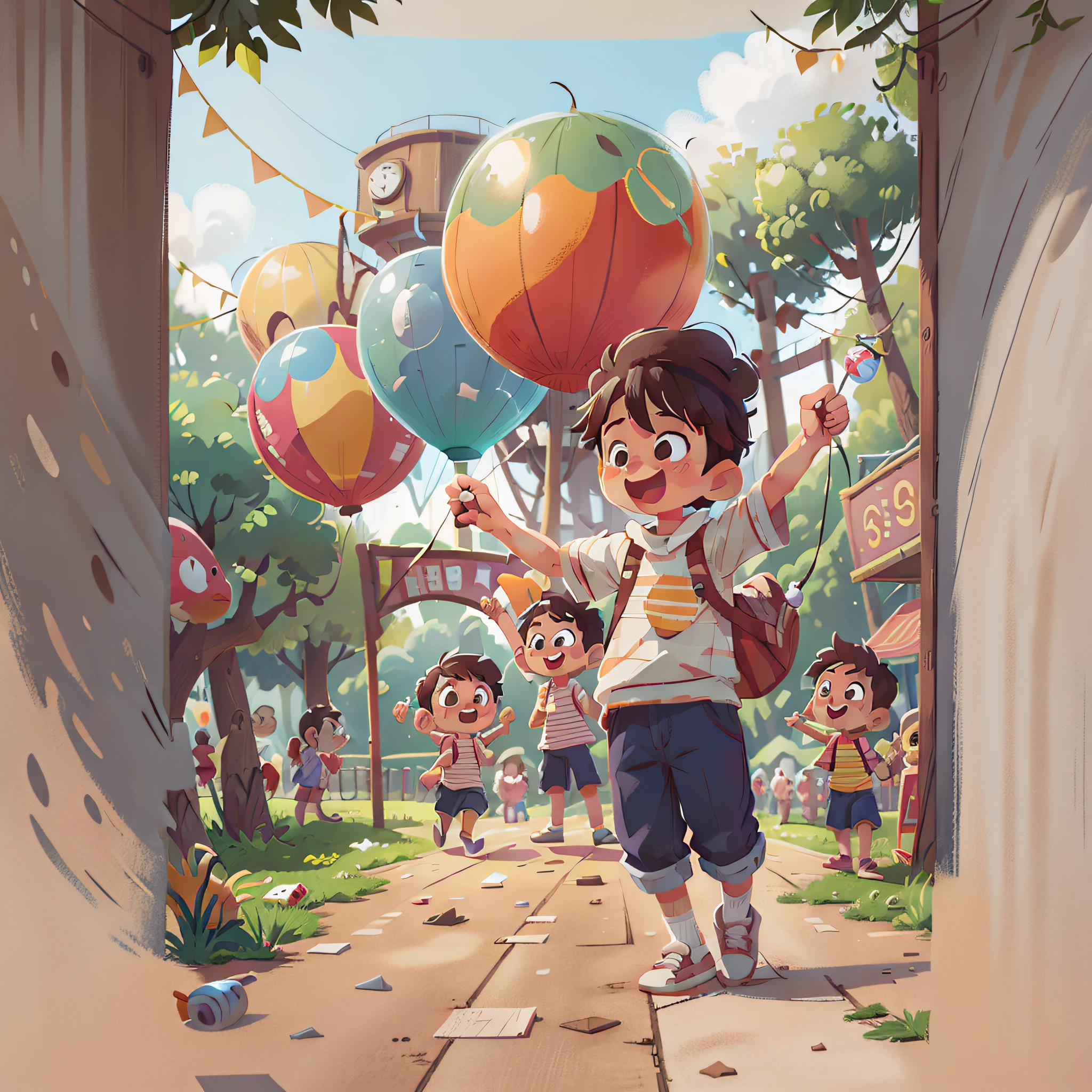 Poster making, Children's Day, in the amusement park, a little boy holding a balloon, happy, jumping, happy --v 6
